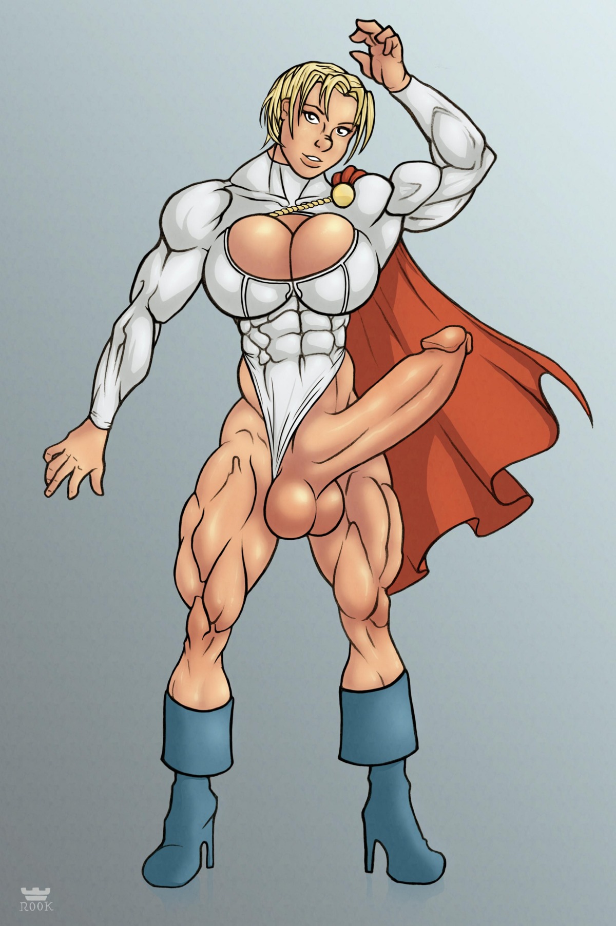 1futa arm_up balls blonde_hair breasts cape cleavage dc dc_comics erection female futa_only futanari hair huge_cock intersex large_balls large_breasts large_testicles looking_at_viewer muscular muscular_futa penis power_girl rookerrant rule34 short_hair solo solo_futa standing superman_(series) testicles text thick_thighs