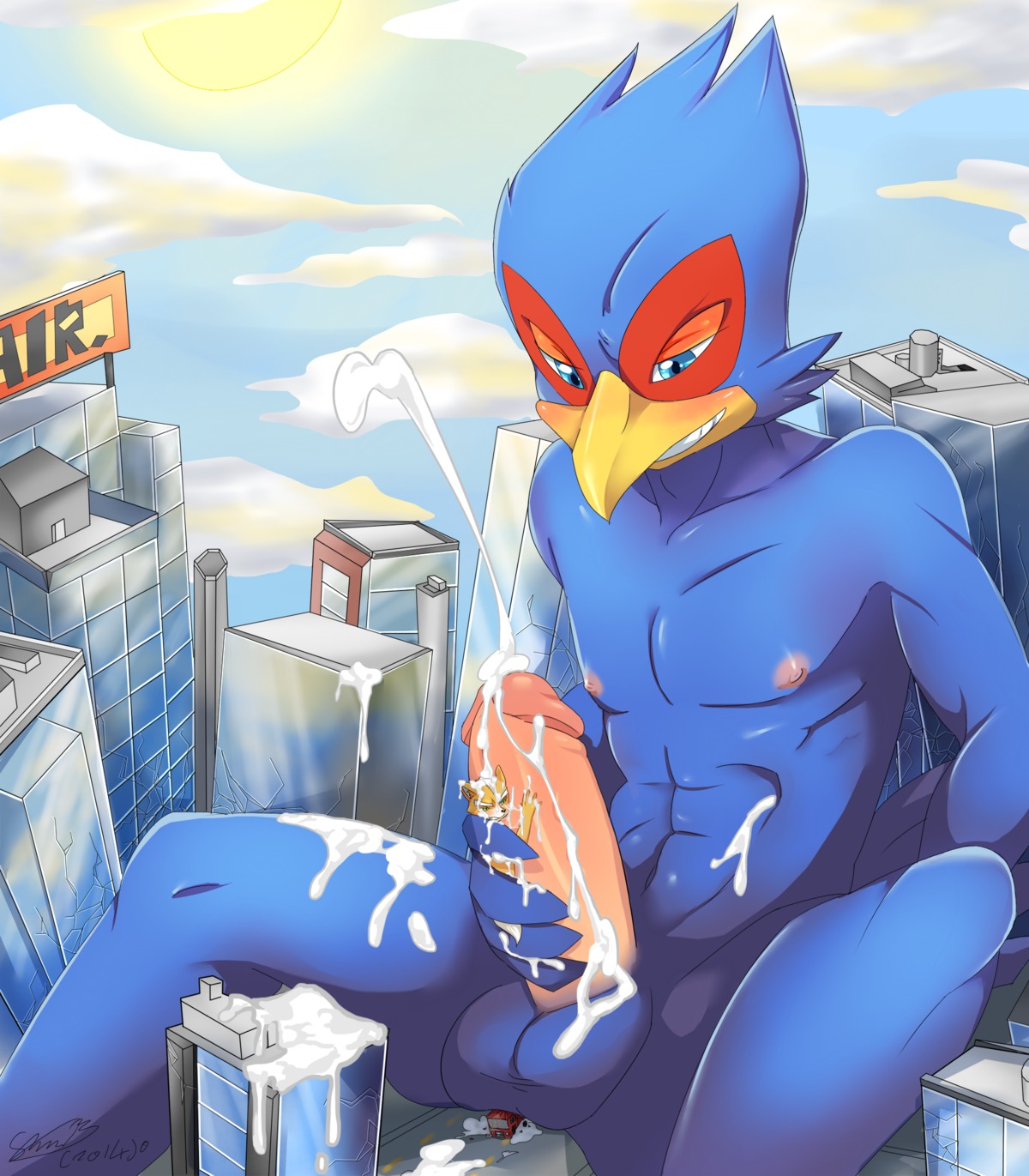 abs animal_genitalia anthro avian beak biceps bird blue_body blue_feathers bodily_fluids canid canine cum cumshot duo e621 ejaculation erection falco_lombardi feathers fox fox_mccloud fur genital_fluids genitals hi_res humanoid_genitalia humanoid_penis larger_male macro male male/male mammal muscular nintendo nipples nude orgasm pecs penis sheath size_difference smaller_male soina star_fox