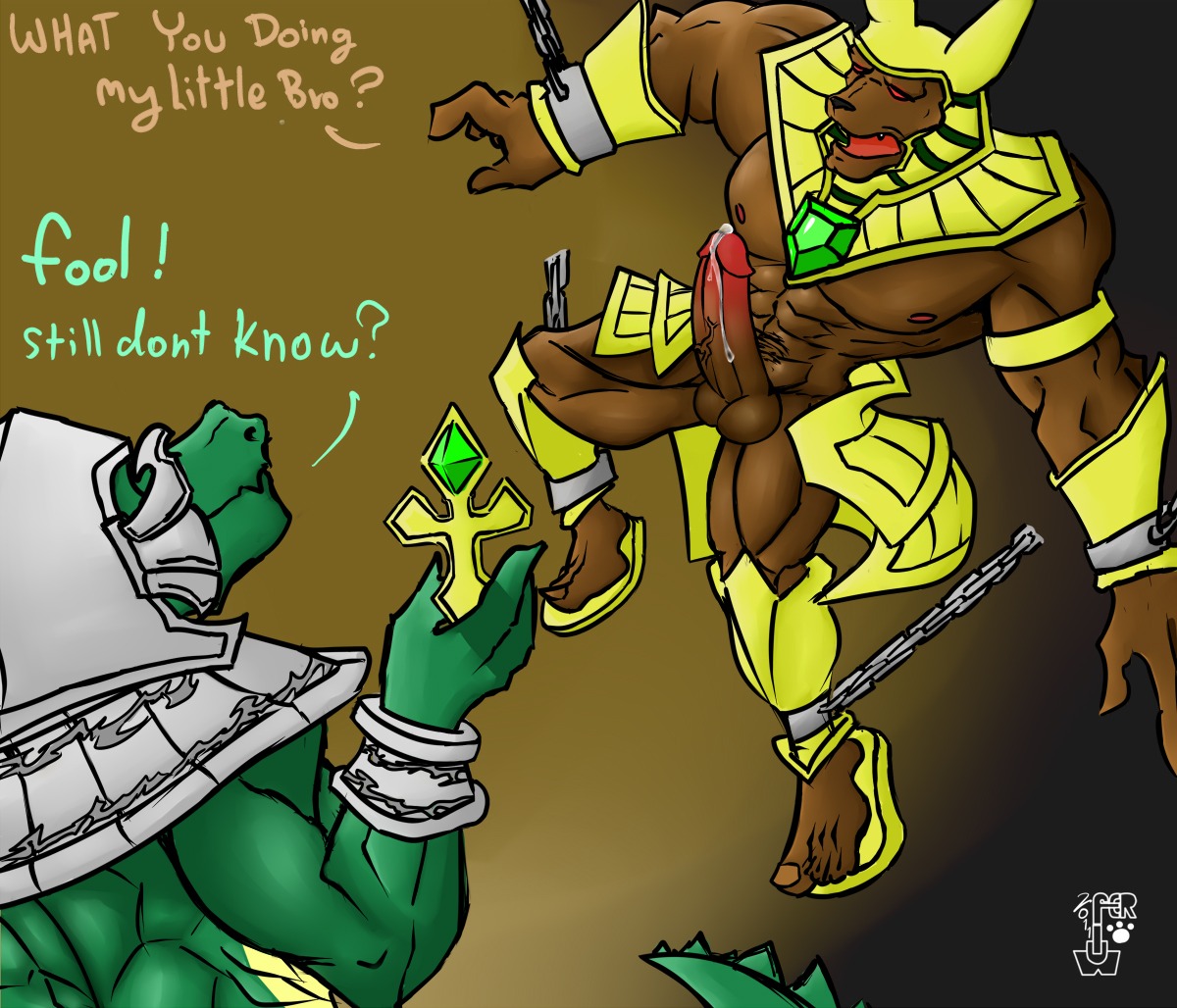2011 anthro anubian_jackal balls bdsm bodily_fluids bound brother_(lore) brothers_(lore) brown_body brown_fur canid canine canis chain crocodile crocodilian cuff_(restraint) deity dialogue duo e621 english_text erection fur genital_fluids genitals green_body green_scales jackal league_of_legends male male/male mammal muscular muscular_male nasus_(lol) penis precum renekton reptile restraints riot_games scales scalie shackles sibling_(lore) tencent text wulfer-shepherd year