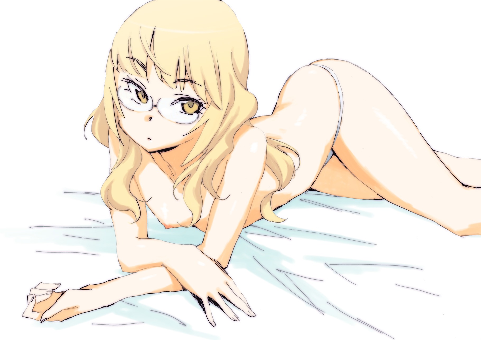blonde_hair brown_eyes female flat_chest glasses highres katou_haruaki long_hair lying panties perrine_h._clostermann pointy_chin rule34 strike_witches topless underwear world_witches_series