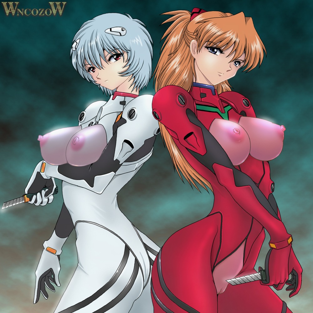1:1 asuka_langley_soryu big_breasts blue_eyes blue_hair blush bodysuit breasts clothing duo e621 erect_nipples female genitals gloves grandfathered_content hair handwear human human_only knife long_hair mammal neon_genesis_evangelion nipples not_furry red_eyes red_hair rei_ayanami skinsuit tight_clothing translucent translucent_clothing vulva wancozow weapon