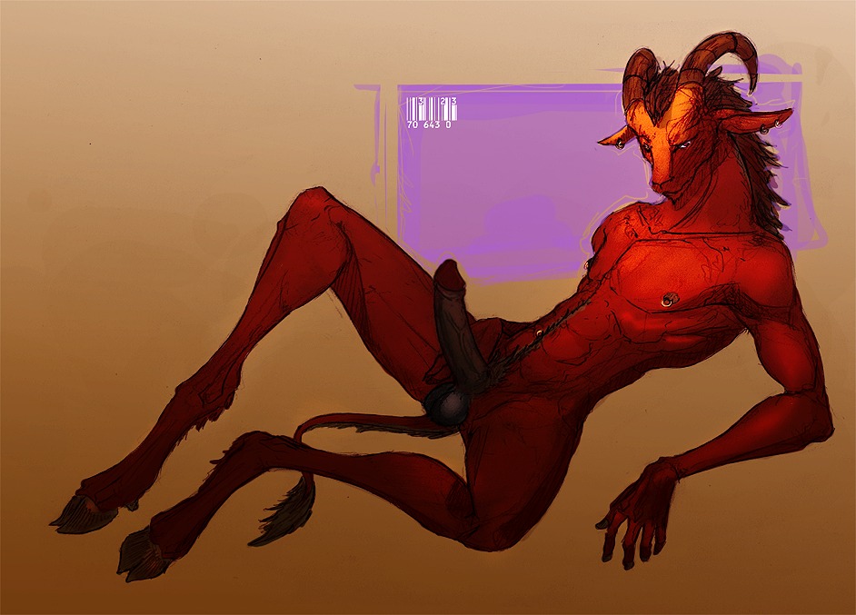 anthro balls biped black_hair bovid caprine cloven_hooves demon e621 erection genitals goat hair hooves horn male mammal nipple_piercing nipples penis piercing presenting red_body red_eyes simple_background solo tail unguligrade xii_hm