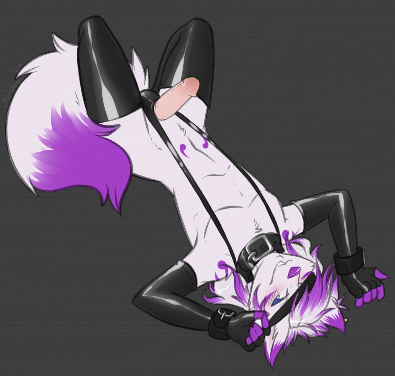 anthro balls bikini biped blindfold blue_eyes blush buckle canid canine clothing collar cuff_(restraint) dipstick_tail e621 erection femboy fox genitals hair hi_res humanoid_genitalia humanoid_penis latex legwear looking_at_viewer lying male mammal markings multicolored_hair on_back one-piece_swimsuit penis penis_poking_out piercing pinup pose restraints ryunwoofie shackles sleeves sling_bikini solo swimwear tail tail_markings thigh_highs two-piece_swimsuit two_tone_hair