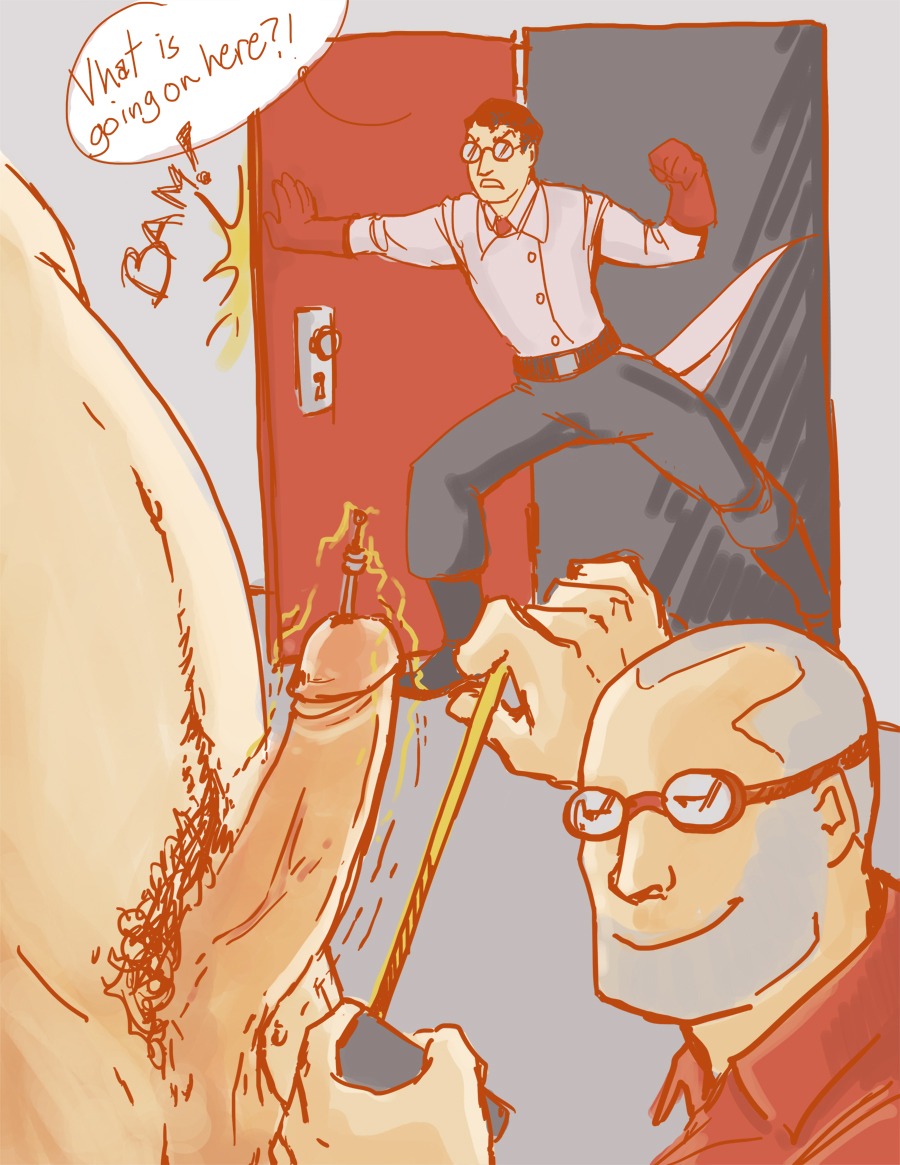 2d bondage caught_in_the_act electricity engineer_(team_fortress_2) heavy_(team_fortress_2) heavy_weapons_guy human human_male human_only male male_only medic_(team_fortress_2) rule34 tape_measure team_fortress_2 yaoi