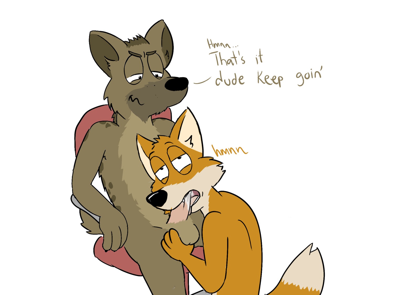 2014 4:3 anthro ball_fondling balls bodily_fluids canid canine chair cum dan_(paintfox) dialogue duo e621 english_text erection fellatio fondling fox fur furniture genital_fluids genitals hi_res hyena male male/male male_penetrated male_penetrating male_penetrating_male mammal nude oral oral_penetration paintfox penetration penile penis sex sitting spotted_hyena teeth text tongue