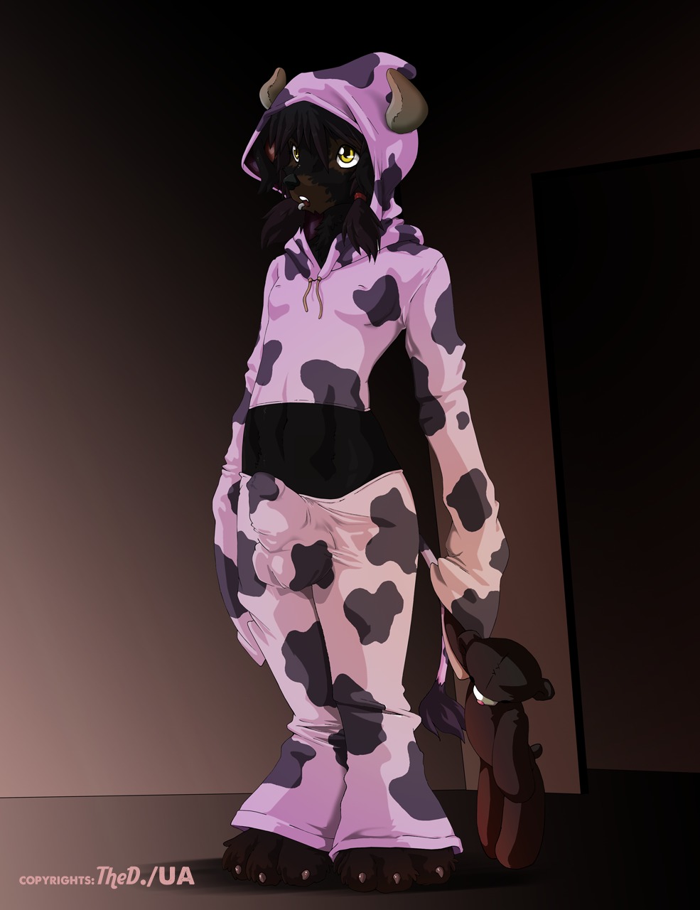 anthro breasts bulge canid canine clothed clothing dandelion_(character) e621 erection genitals gynomorph hi_res intersex mammal pajamas penis piercing plushie small_breasts small_but_hung solo tail teddy_bear thedandelion young young_anthro young_gynomorph young_intersex