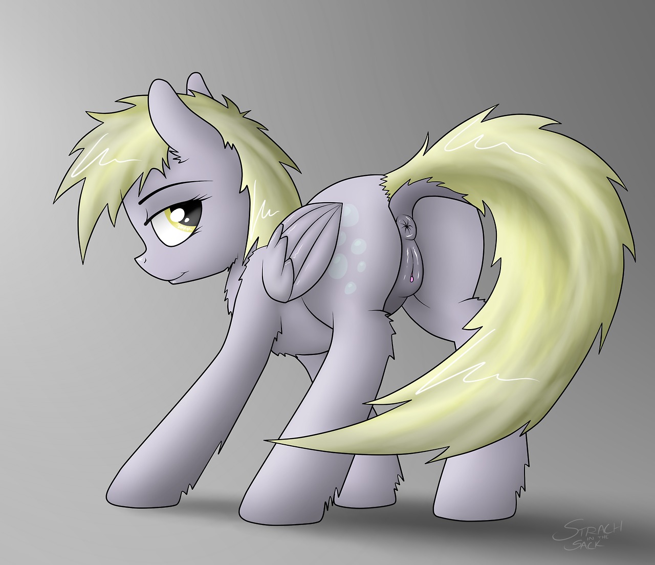 2013 amber_eyes anus blonde_hair butt cutie_mark derpy_hooves_(mlp) e621 equid equine feathered_wings feathers female feral fluffy friendship_is_magic fur genitals grey_background grey_body grey_feathers grey_fur hair hasbro mammal my_little_pony mythological_creature mythological_equine mythology pegasus simple_background solo standing strachinthesack vulva wings