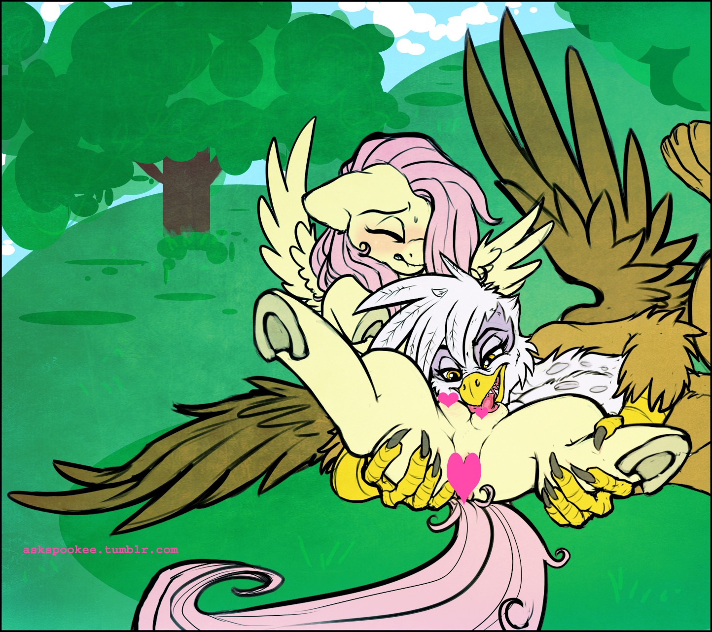 2012 avian beak blush censored duo e621 equid equine feathered_wings feathers female female/female feral fluttershy_(mlp) friendship_is_magic gilda_(mlp) gryphon hasbro heart_censor heart_symbol hi_res interspecies licking mammal my_little_pony mythological_avian mythological_creature mythological_equine mythology pegasus plant tail teats text tongue tongue_out tree url wings wood yellow_body yellow_eyes yellow_feathers zeriara
