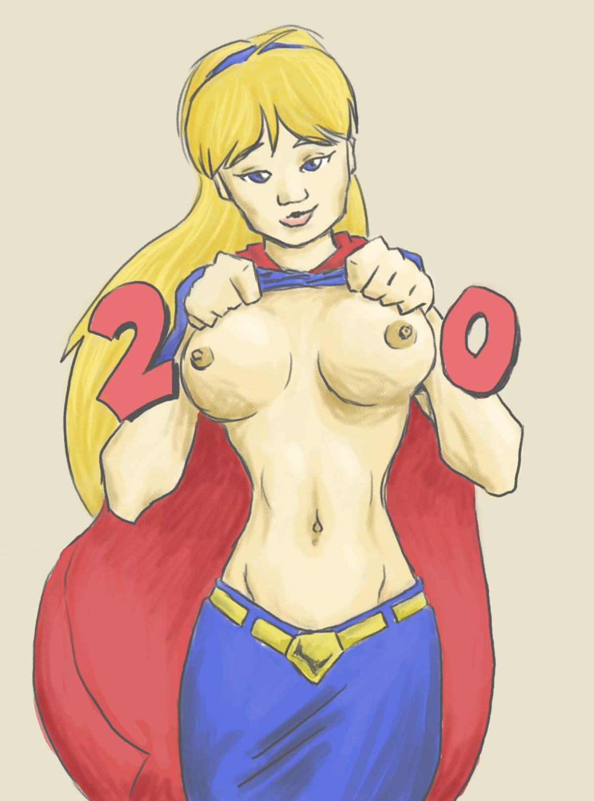 belt blue_skirt breasts dc dc_comics female female_only front_view lukethehalls nipples pale_skin rule34 shirt_lift solo standing supergirl superman_(series) tagme text