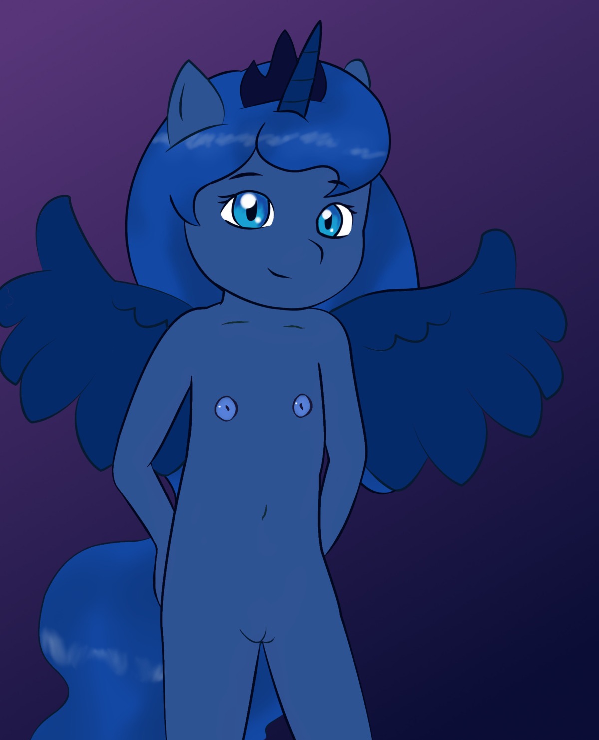 2012 anthro anthrofied biped blue_body blue_eyes blue_feathers blue_hair breasts casual_nudity child cool_colors crown digital_drawing_(artwork) digital_media_(artwork) e621 equid equine feathered_wings feathers female female_anthro flat_chested friendship_is_magic front_view genitals hair hasbro headgear hi_res horn long_hair looking_at_viewer mammal my_little_pony mythological_creature mythological_equine mythology nipples nude nude_anthro nude_female portrait pose princess_luna_(mlp) royalty simple_background smile solo tail three-quarter_portrait unicorn_horn vulva winged_unicorn wings young young_anthro young_female zeklullaby