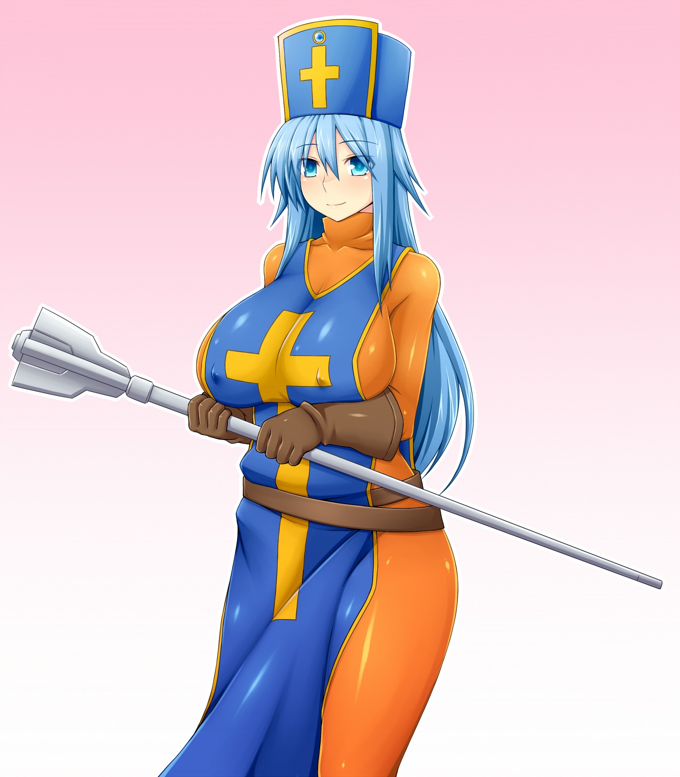 blue_eyes blue_hair bodysuit breasts clothing dragon_quest dragon_quest_iii erect_nipples erect_nipples_under_clothes female female_only gloves highres human large_breasts long_hair nipples priest_(dq3) rule34 smile solo zin