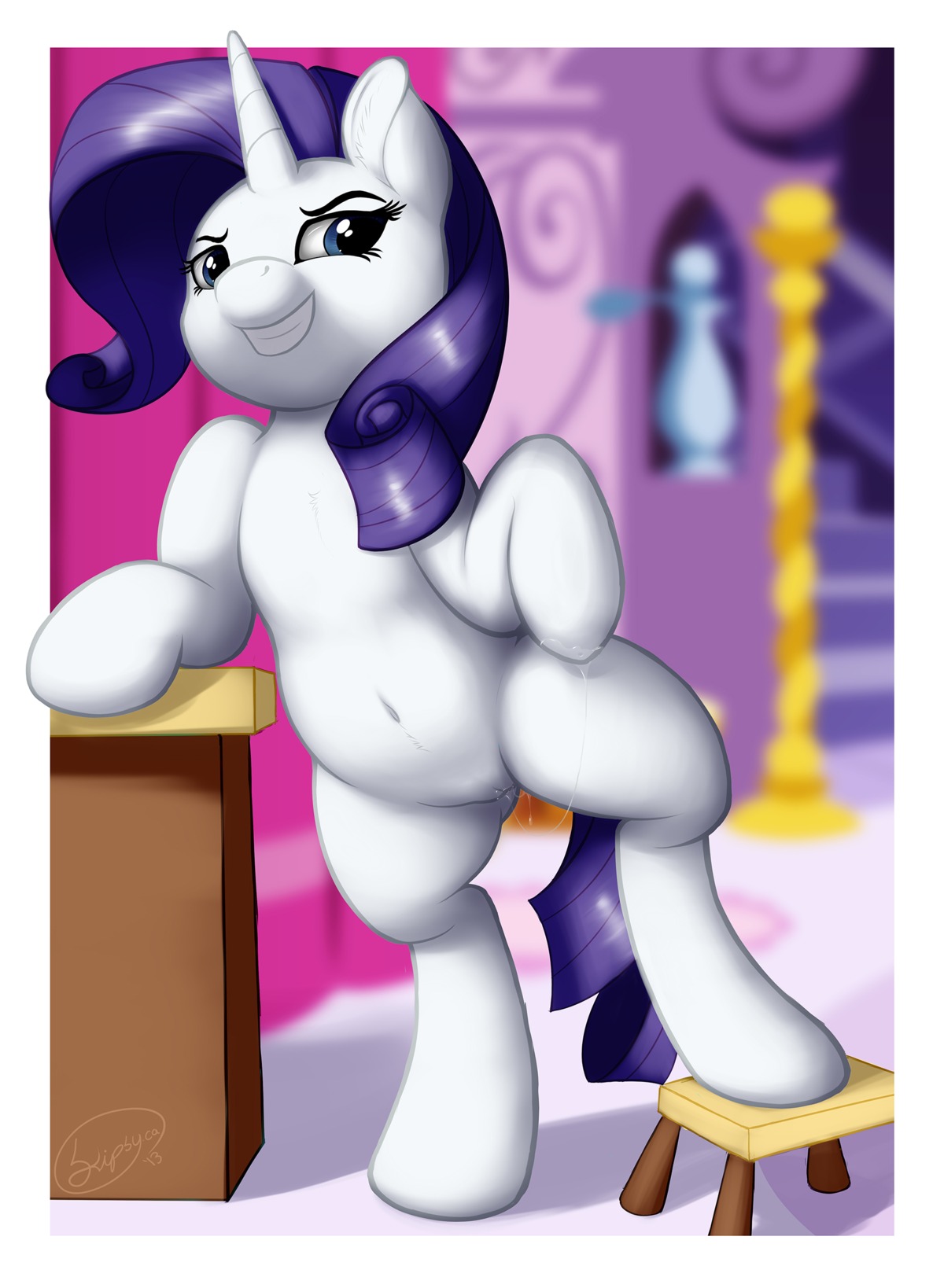 2013 absurd_res blue_eyes detailed_background dripping e621 equid equine female feral friendship_is_magic fur furniture genitals hair hasbro hi_res horn inside looking_at_viewer mammal my_little_pony mythological_creature mythological_equine mythology purple_hair rarity_(mlp) signature skipsy smile solo standing stool table unicorn vulva white_body white_fur