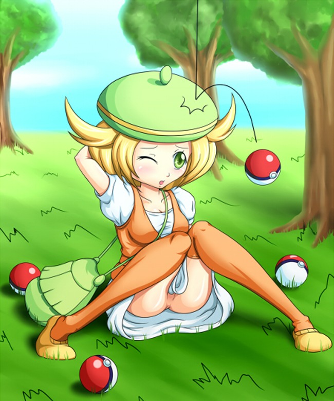 bag bianca_(pokemon) clothes color day female female_only front_view hat human no_panties outdoors poke_ball pokemon rule34 sitting solo tagme thighhighs wink