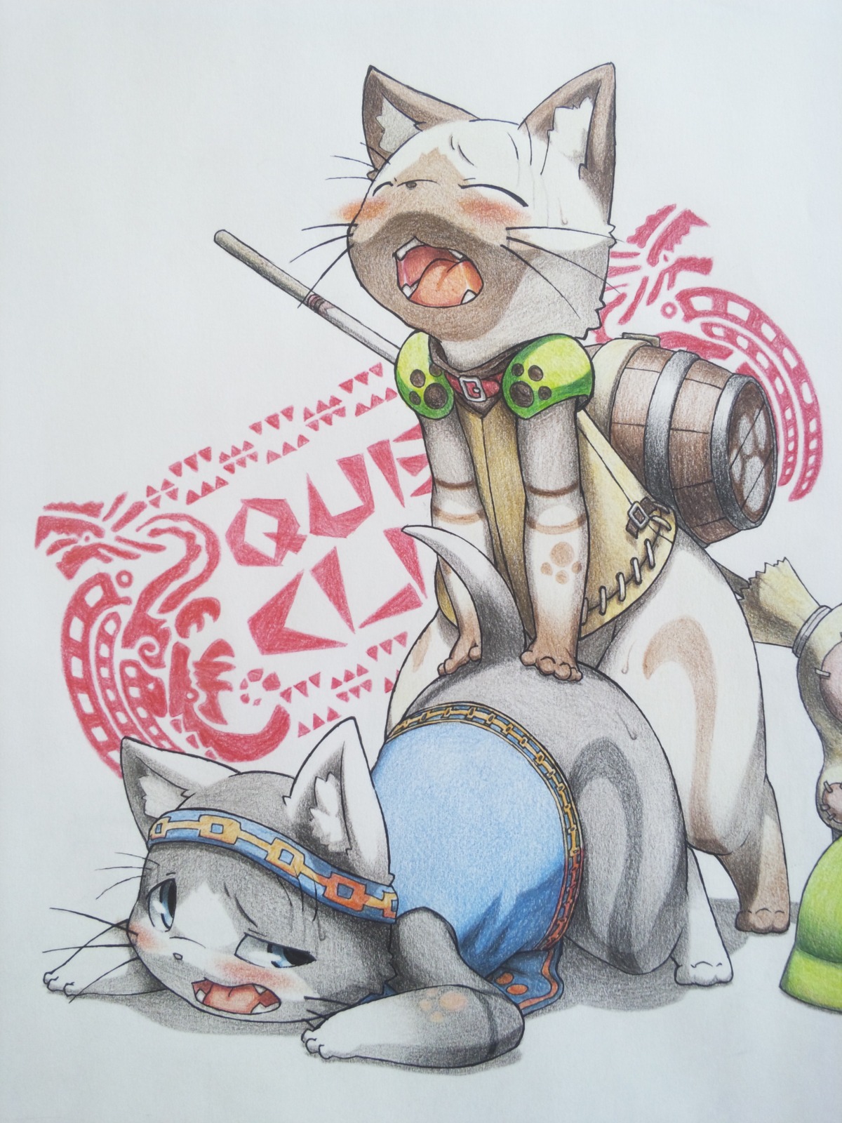 3:4 3_toes absurd_res ambiguous_gender ambiguous_penetration anthro ass_up black_nose blue_eyes blush bodily_fluids bottomless capcom clothed clothed_sex clothing digitigrade duo e621 english_text eyes_closed feet felid felyne feral feral_on_feral fur furemani half-closed_eyes hi_res kerchief lynian male mammal melynx monster_hunter narrowed_eyes open_mouth orgasm_face penetration saliva sex sharp_teeth simple_background sweat teeth text toes tongue traditional_media_(artwork) weapon whiskers white_body white_fur