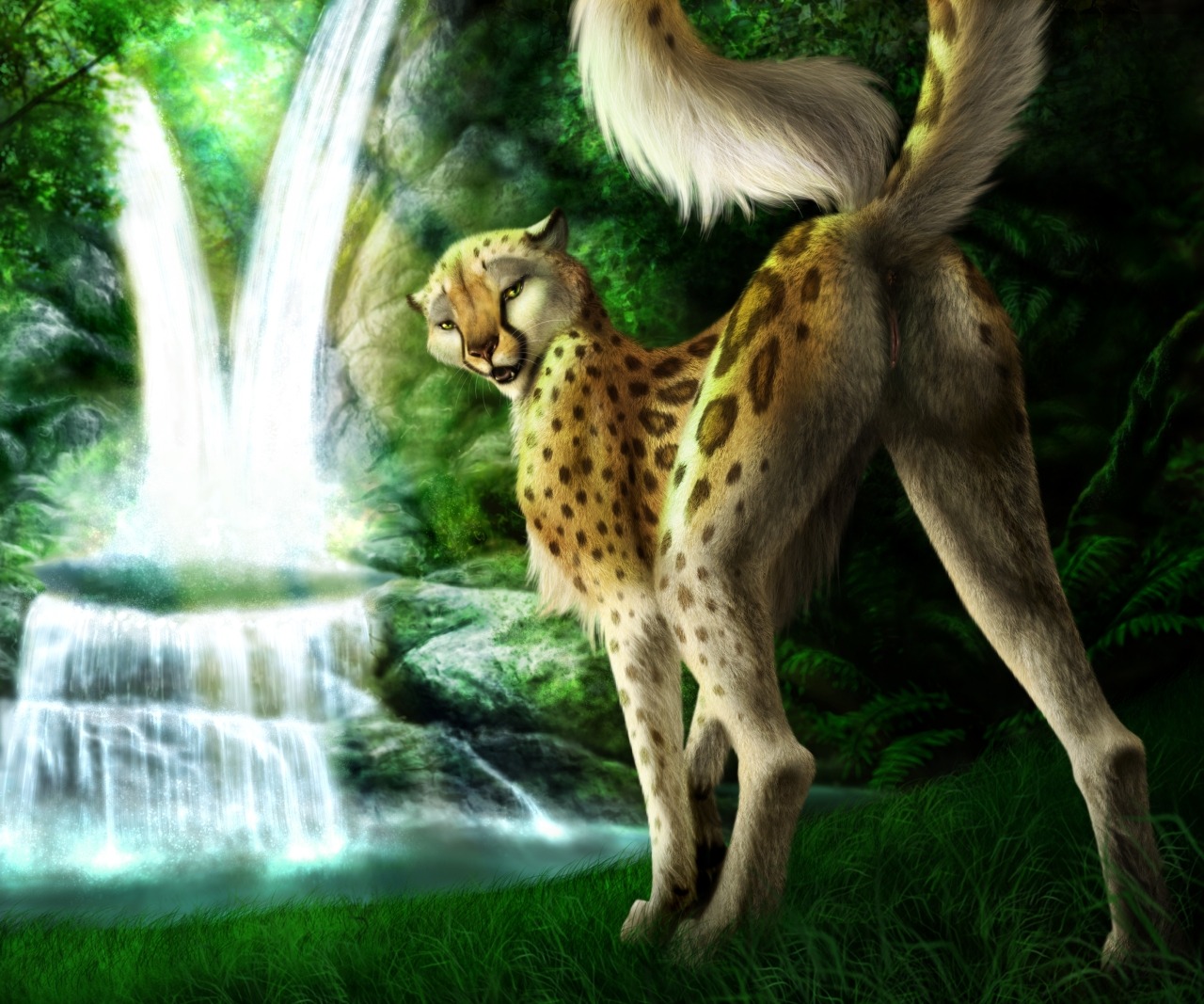 amazing_background anus black_body black_fur black_lips black_nose brown_spots butt cheetah clitoris detailed detailed_background digitigrade e621 fangs feet felid feline female female_feral feral forest fur genitals grass green_eyes half-closed_eyes hindpaw humanoid_genitalia humanoid_vulva inner_ear_fluff inviting jocarra lips long_mouth looking_at_viewer looking_back mammal markings mia_(hotwert) narrowed_eyes nature no_sclera nude orange_body orange_fur outside paws plant presenting presenting_hindquarters pupils raised_tail rear_view rock slit_pupils smile snout solo spots spotted_body spotted_fur tail tail_anus teeth tongue tree tuft vulva walking water waterfall whiskers white_body white_fur