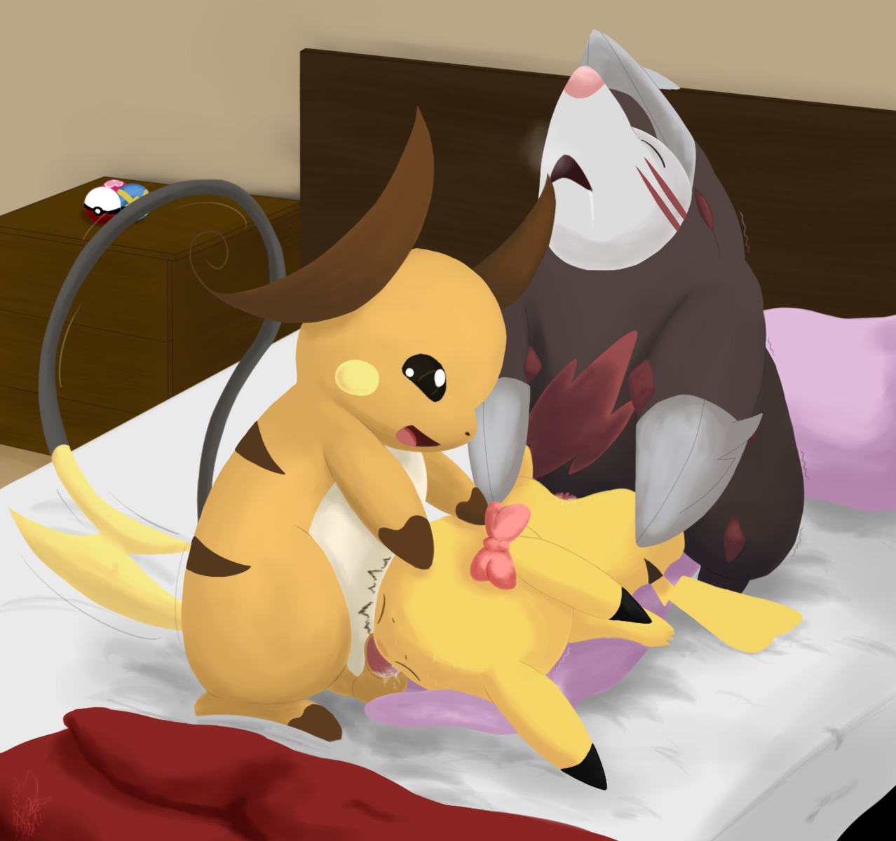 arti4000 bed bodily_fluids cleft_tail digital_media_(artwork) drooling e621 erection excadrill eyes_closed fellatio female feral fur furniture generation_1_pokemon generation_5_pokemon genitals group group_sex hi_res love_ball male male/female mammal nintendo oral oral_penetration penetration penile penis pikachu pillow pokeball pokemon pokemon_(species) quick_ball raichu rodent saliva sex standard_pokeball tail threesome trio yellow_body yellow_fur