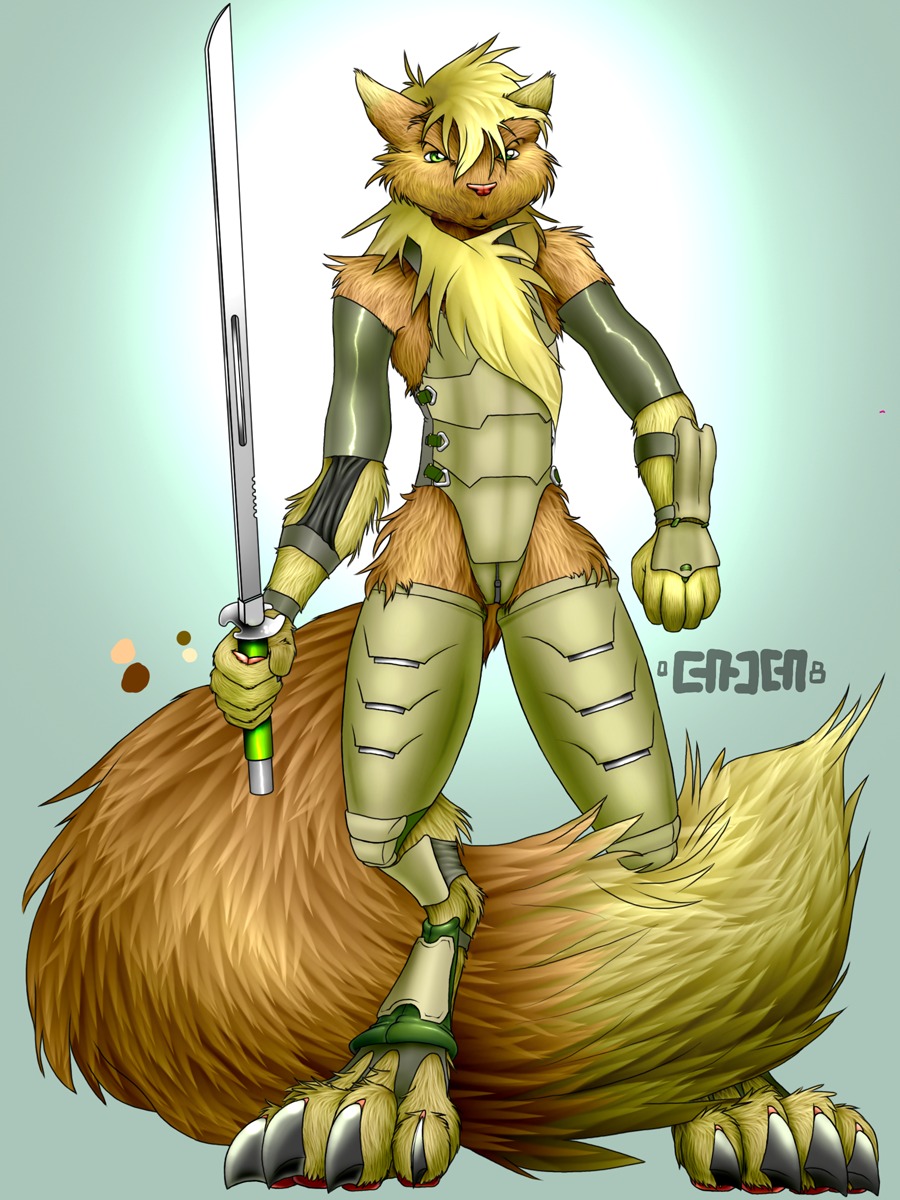 3:4 4_toes 5_fingers andromorph anthro armor biped blonde_hair brown_body brown_fur claws clitoris e621 endenden feet fingers fur genitals green_eyes hair hi_res intersex kato long_hair melee_weapon multicolored_body multicolored_fur pink_nose solo standing sword tan_body tan_fur toes two_tone_body two_tone_fur unknown_species vulva weapon