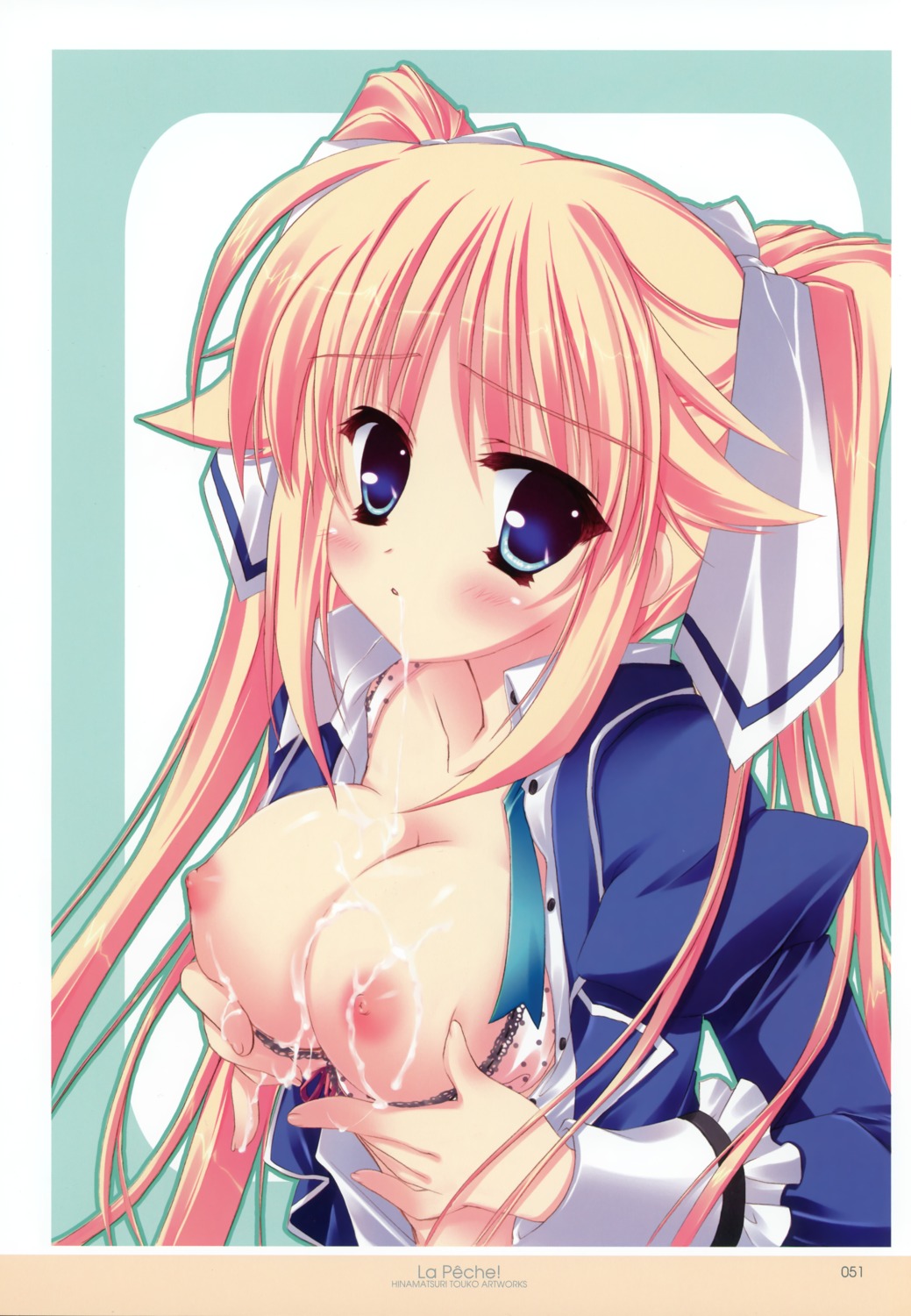 blonde_hair blue_eyes blush bra bra_pull breast_hold breasts cleavage cream cum cum_on_body cum_on_breasts cum_on_upper_body female high_resolution hinamatsuri_touko imouto_smile nipples nonaka_shiki open_clothes open_shirt pink_bra polka_dot polka_dot_bra rule34 shirt tied_hair twintails underwear