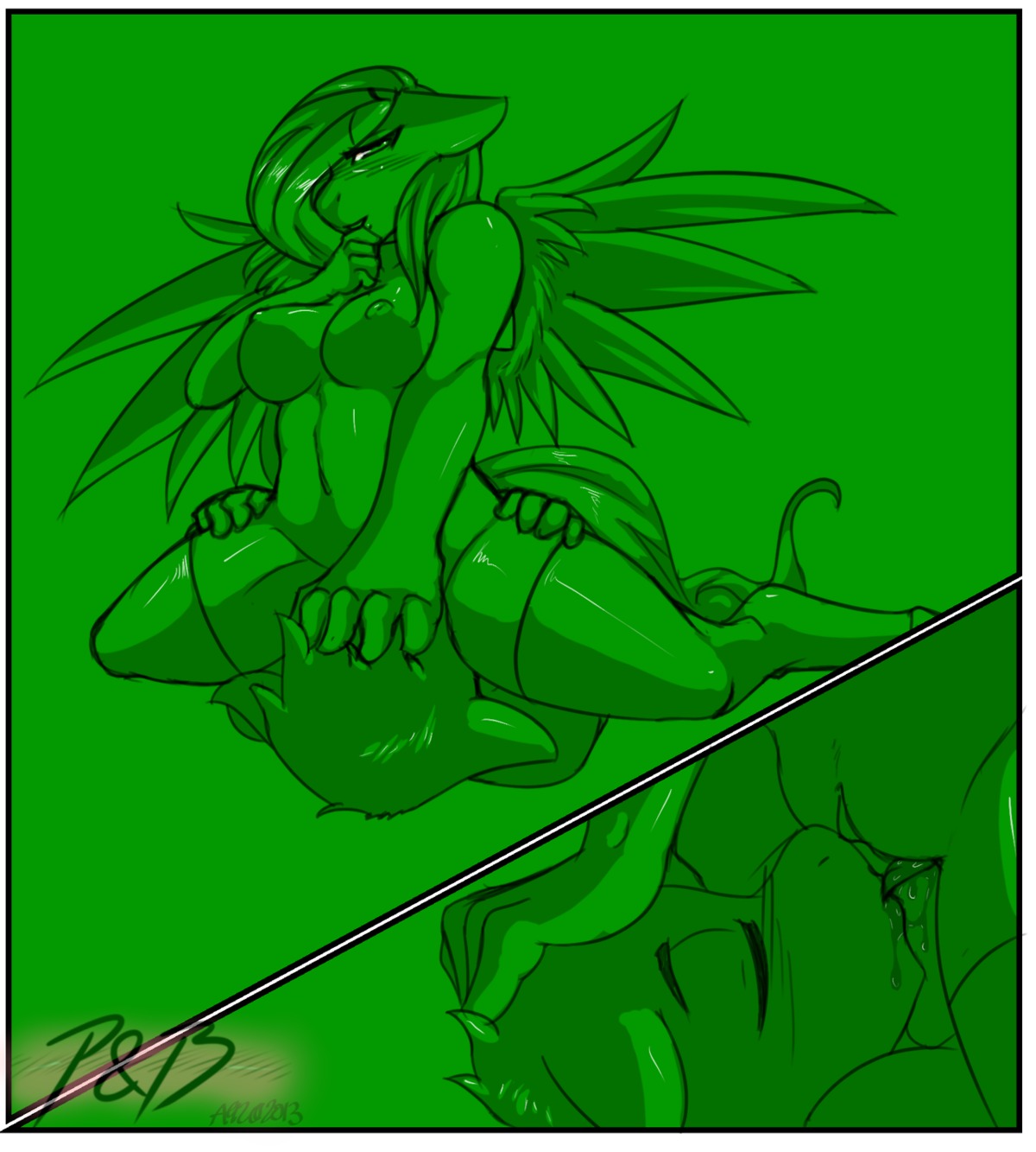 2013 anthro anthrofied avante92 bodily_fluids breasts clothing comic cunnilingus duo e621 equid equine feathered_wings feathers female fluttershy_(mlp) friendship_is_magic genital_fluids genitals green_theme hair hasbro hi_res legwear licking male male/female mammal my_little_pony mythological_creature mythological_equine mythology navel nipples nude oral pegasus sex stockings tongue tongue_out vaginal vaginal_fluids vulva wings