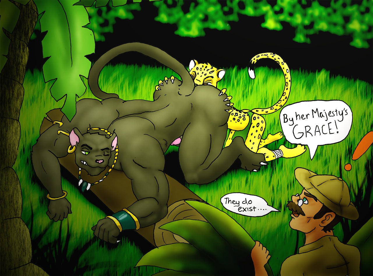 2013 all_fours ambiguous_gender anal anthro armband biceps big_butt bottomwear butt butt_grab claws clothing dialogue e621 ear_piercing english_text erection exclamation_point eyewear felid forest genitals glasses grass group hand_on_butt human humor jewelry jungle kneeling leopard loincloth looking_at_another male male_penetrated mammal muscular necklace nude one_eye_closed oral outside pantherine peeping penetration penis piercing plant raised_tail rimming sex silversketch spots tail text tree wink