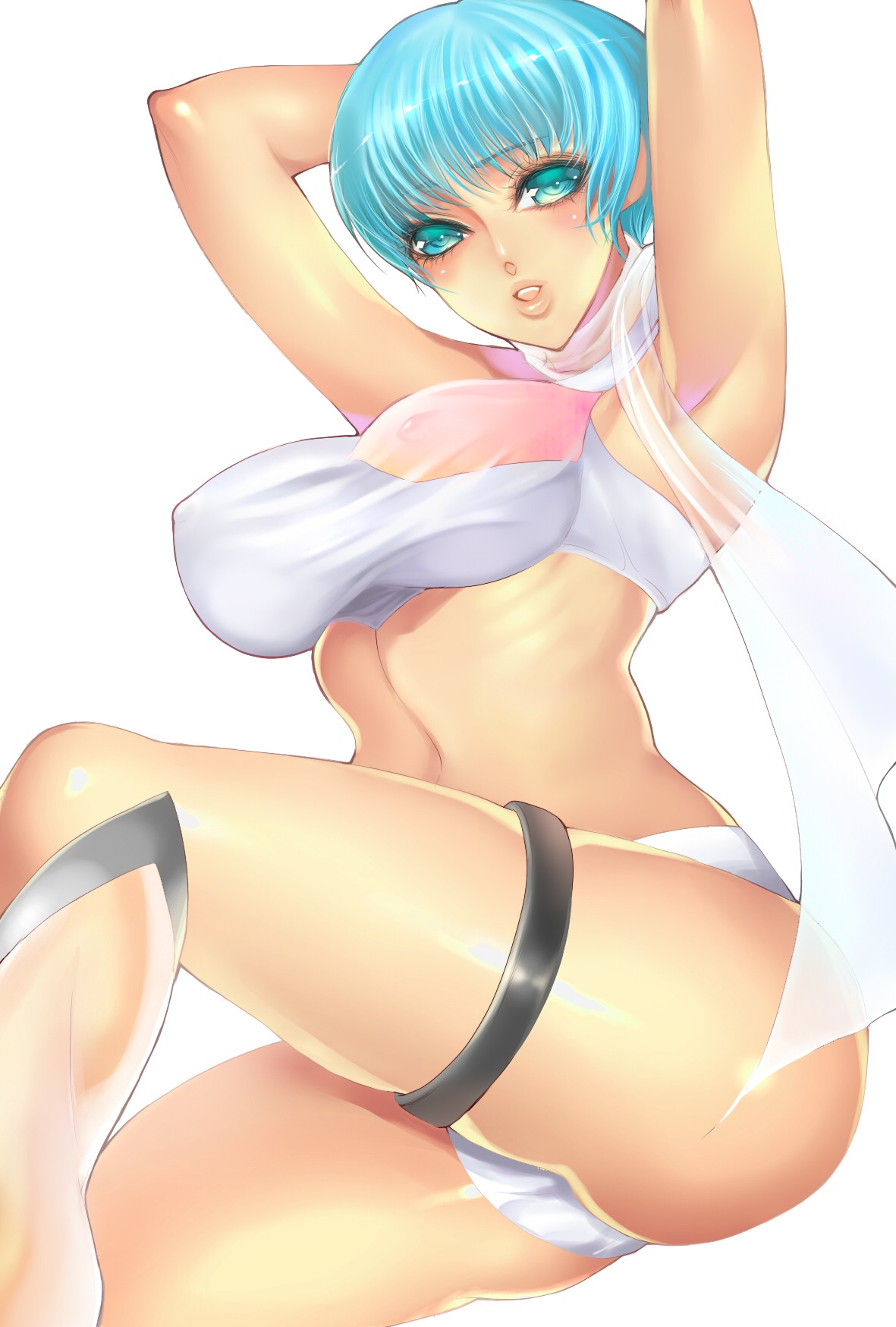 1girls aoi_yume arms_up blue_eyes blue_hair breasts erect_nipples female female_only highres large_breasts midriff nipples rule34 scarf see-through short_hair solo thigh_band thigh_strap tomohide wingman yume_aoi