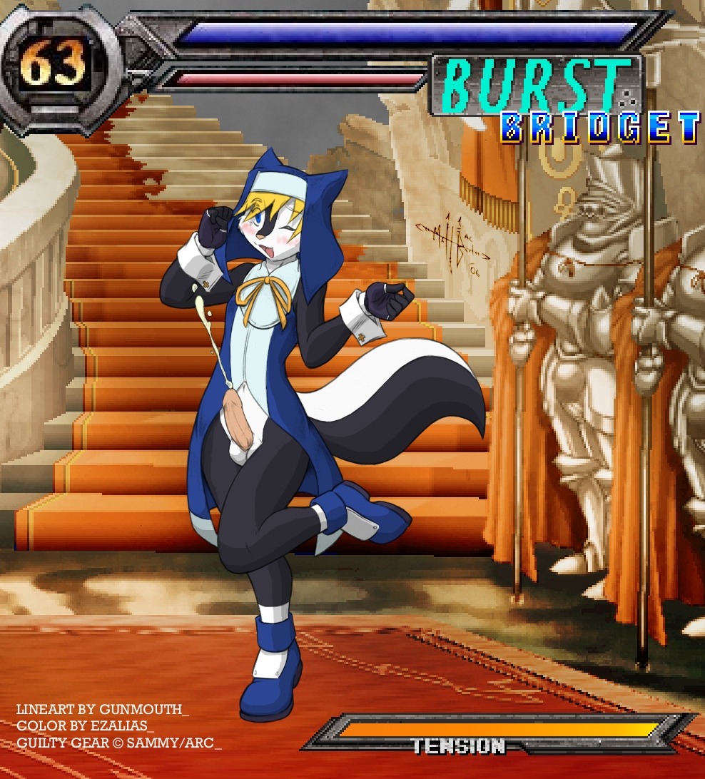 2006 anthro arc_system_works blush bodily_fluids bottomless bridget_(guilty_gear) clothed clothing crossdressing cum detailed_background digital_media_(artwork) e621 erection ezalias femboy fingerless_gloves footwear fur game_background gameplay_mechanics genital_fluids genitals gloves gui guilty_gear gunmouth hair handwear health_bar male mammal mephitid parody penis shirt_cuffs shoes skunk solo striped_skunk tail