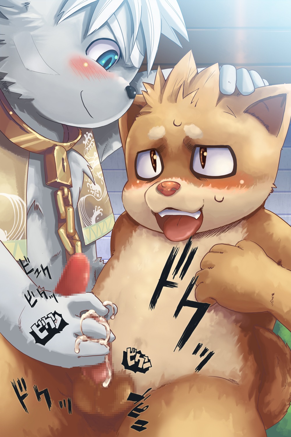 2:3 anthro anthro_on_anthro balls blue_eyes blush bodily_fluids brown_body brown_fur canid canine canis censored chest_tuft clothed clothing collar cum cum_on_hand cumshot domestic_cat domestic_dog duo e621 ejaculation erection felid feline felis fur genital_fluids genitals grey_body grey_fur hair hand_on_head handjob hi_res japanese_text male male/male mammal mosaic_censorship nikubo open_clothing open_shirt open_topwear orgasm penile penis sex shirt short_hair text topwear translation_request tuft white_hair wolf young young_anthro