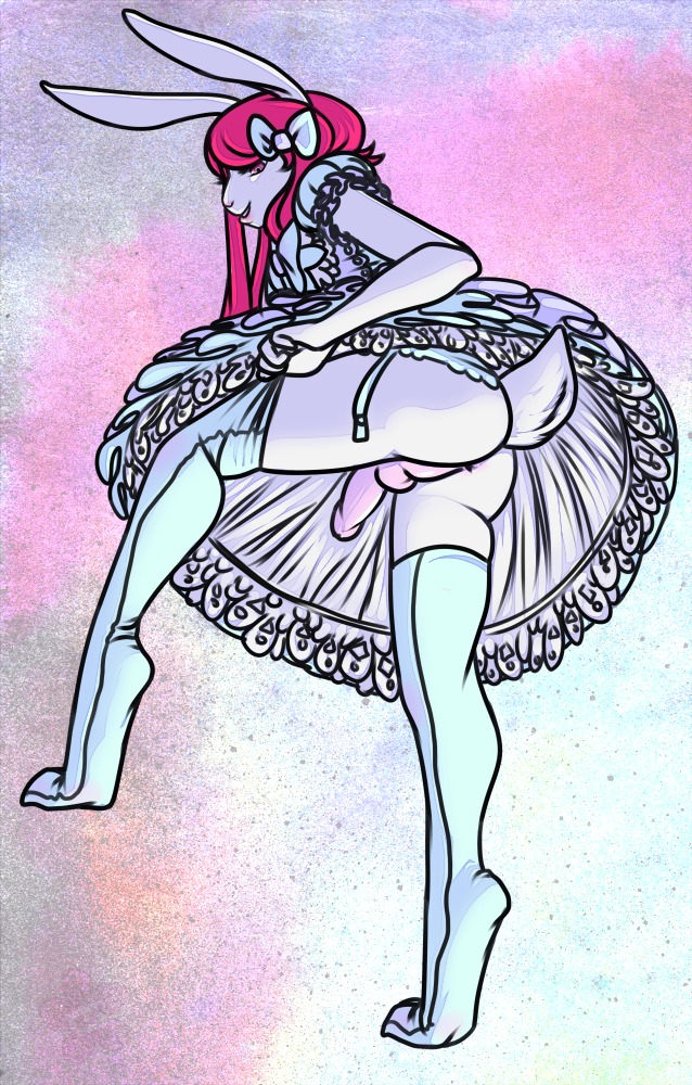 alternative_fashion anthro backsack balls butt clothed clothing crossdressing dress e621 erection garter_belt garter_straps genitals j-fashion lagomorph legwear leporid lingerie lolita_(fashion) looking_at_viewer lotix low-angle_view male mammal penis presenting rabbit solo stockings victorian worm's-eye_view