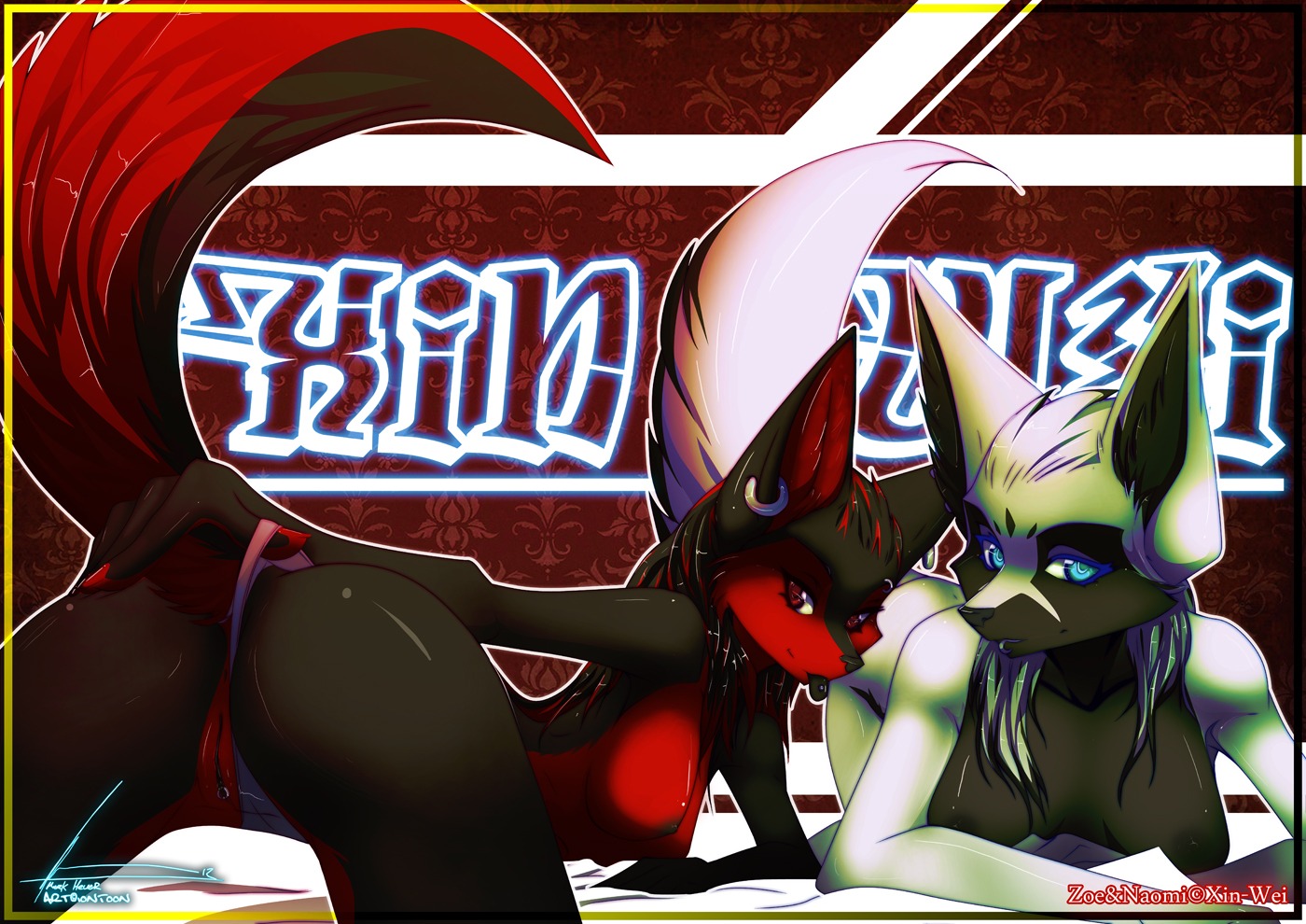 anthro anus black_body black_fur black_nipples black_tongue black_vulva blue_eyes breasts butt canid canine canis clothed clothing duo e621 ear_piercing female flashing fluffy fluffy_tail fox fur genitals iontoon looking_at_viewer lying mammal naomi_(qew123) nipples nude on_front piercing presenting presenting_hindquarters red_body red_eyes red_fur sibling_(lore) sister_(lore) sisters_(lore) skimpy tail tongue topless vulva white_body white_fur wolf zoe_(nnecgrau)