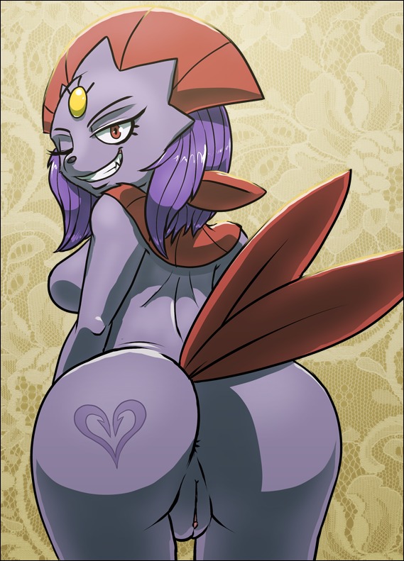 2013 anthro anthrofied anus big_butt biped black_border border breasts butt conditional_dnp e621 fan_character female generation_4_pokemon genitals hair heart_symbol long_hair looking_at_viewer looking_back melissa_(aj_the_flygon) nintendo nude one_eye_closed pokemon pokemon_(species) pokemorph presenting presenting_hindquarters purple_hair red_eyes side_boob smile solo tattoo teckworks vulva weavile wink