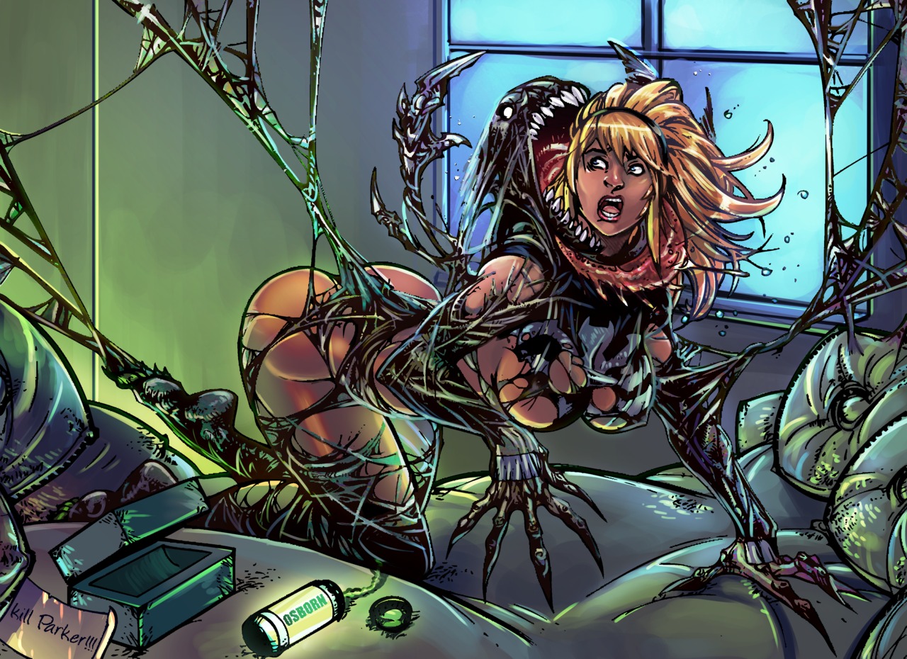 all_fours blonde_hair bondage breasts corruption female gwen_stacy gwen_stacy_(classic) hairband large_breasts marvel marvel_comics open_mouth rule34 she-venom spider-man_(series) symbiote tagme venom