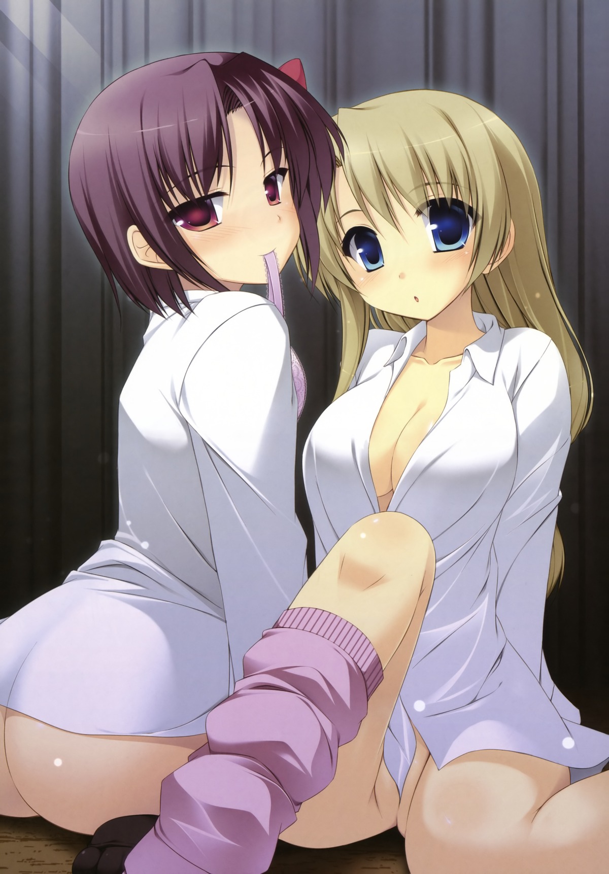 blue_eyes character_request cleavage dengeki_hime dress_shirt female mouth_hold multiple_females multiple_girls natsuki_shuri no_bra nopan purple_eyes rule34 source_request yuri