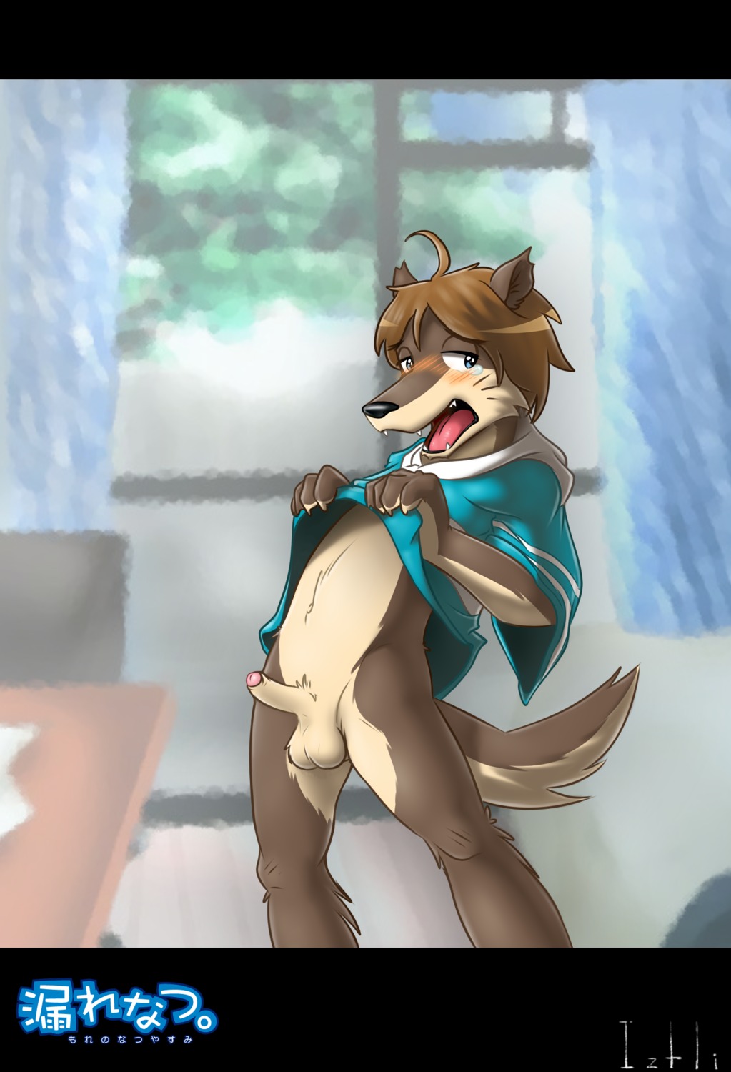 anthro balls black_bars blush bottomless brown_body brown_fur canid canine canis chair clothed clothing e621 erection foreskin fur furniture genitals hi_res humanoid_genitalia humanoid_penis inside iztli letterbox male mammal morenatsu open_mouth penis shirt shota shun_kodori small_penis solo table topwear undressing window wolf young young_anthro young_male