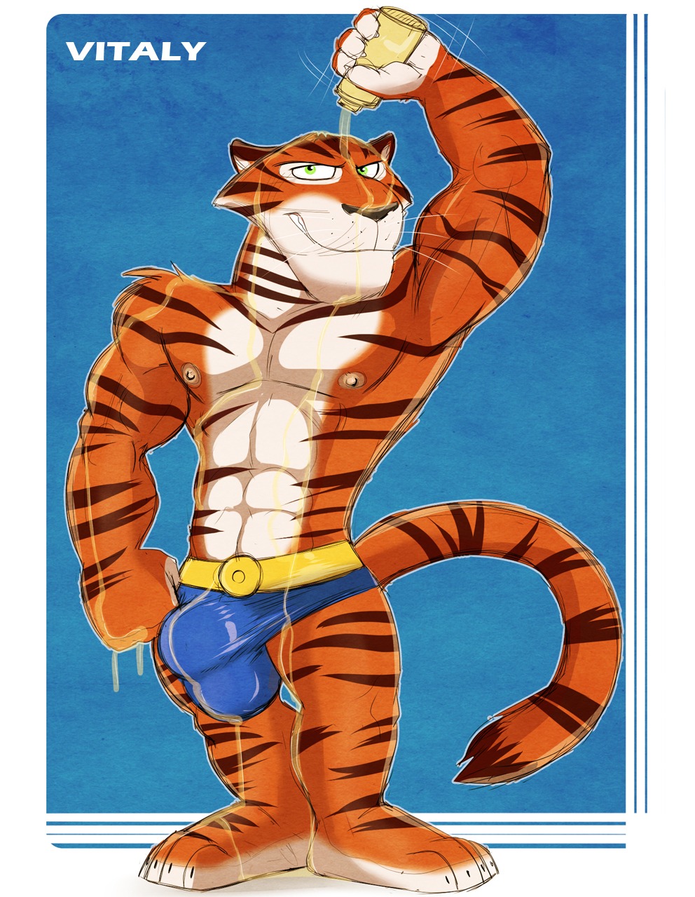 aaron_(artist) abs anthro athletic belt biceps big_muscles biped black_nose brown_body brown_fur bulge claws clothed clothing digital_media_(artwork) dreamworks e621 fangs felid flexing fur green_eyes grin hi_res looking_at_viewer madagascar_(series) male mammal markings muscular muscular_anthro muscular_male nipples oil orange_body orange_fur pantherine pecs pose smile solo standing stripes tail teeth tiger toe_claws topless underwear vitaly_(madagascar) white_body white_fur