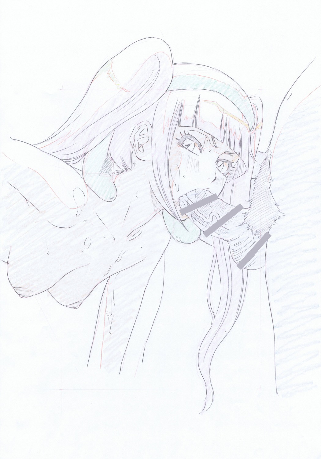 1boy 1girls bleach breasts censored dokugamine_riruka faceless_male fellatio female fullbringer hayashibara_hikari highres male monochrome oral penis rule34 sketch solo_focus