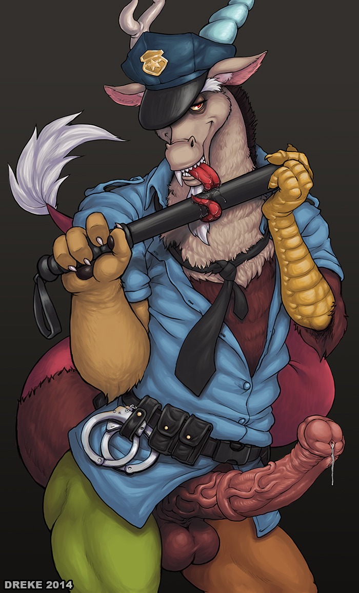 2014 accessory animal_genitalia animal_penis anthro antlers balls belt big_balls bodily_fluids bottomless chimera clothed clothing cuff_(restraint) discord_(mlp) draconequus dreke e621 equine_genitalia equine_penis erection fangs friendship_is_magic genital_fluids genitals handcuffs hasbro hat headgear headwear horn licking long_tongue male metal_cuffs multicolored_body my_little_pony necktie officer penis police police_baton police_uniform precum red_eyes restraints saliva seductive shackles shirt solo tail tail_tuft teeth tongue tongue_out topwear tuft uniform vein