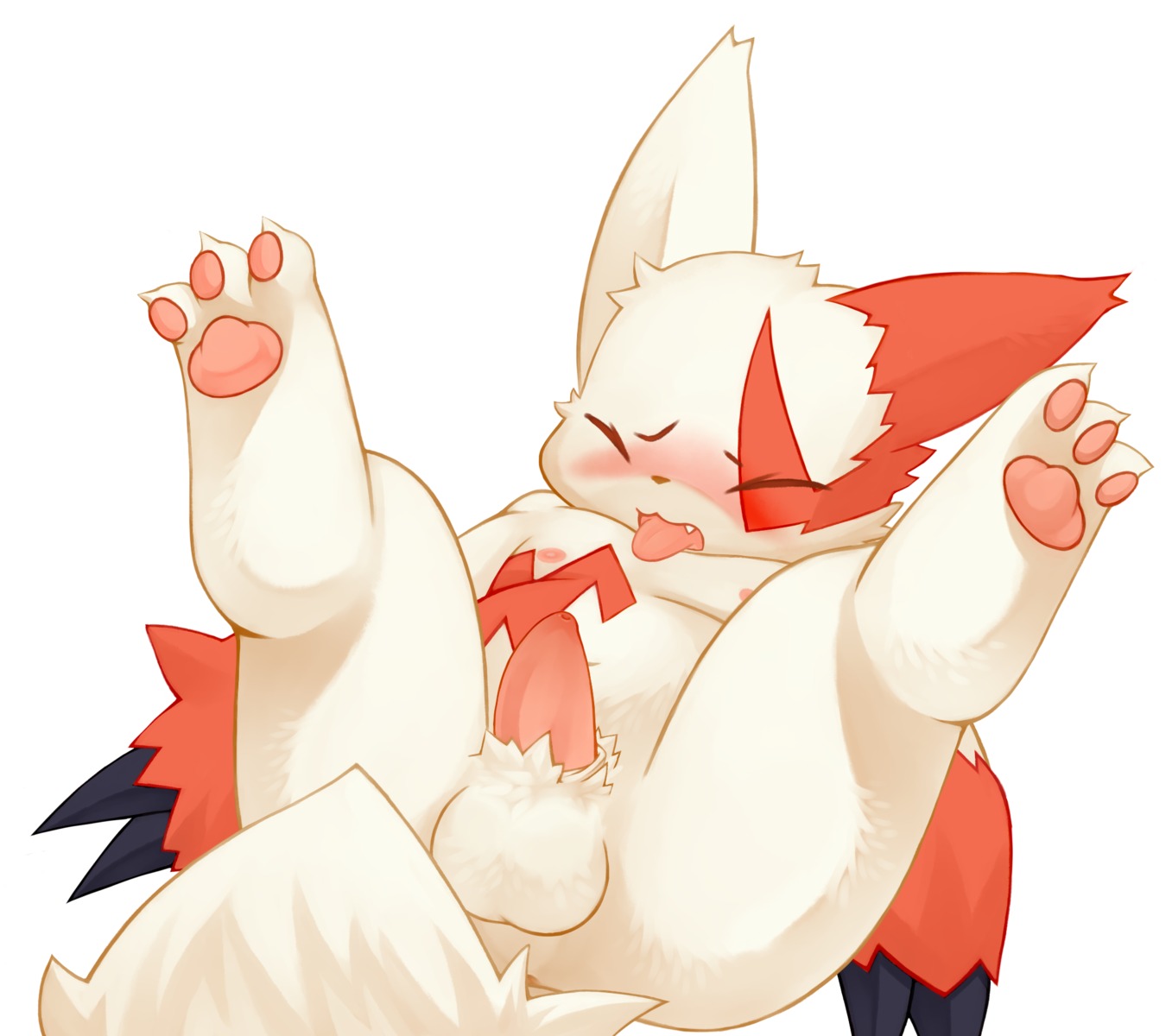anthro anus balls barely_visible_anus big_ears biped blush breath claws cute_fangs digital_media_(artwork) digitigrade e621 erection eyes_closed fangs feet fur generation_3_pokemon genitals hi_res hindpaw legs_up lying male markings nintendo nude on_back one_fang open_mouth panting pawpads paws penis pokemon pokemon_(species) pubes red_body red_fur red_markings rokuya simple_background slightly_chubby solo spread_legs spreading tail tapering_penis teeth tongue tongue_out white_background white_body white_fur zangoose