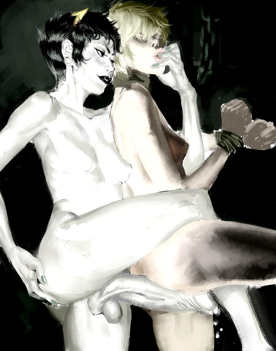 1futa 1girls black_hair black_lips blonde_hair bondage breasts duo female femsub finger_in_mouth futadom futanari green_nails hand_on_own_ass homestuck horns idlecil intersex kanaya_maryam married married_couple ms_paint_adventures naked nipples rose_lalonde rule34 short_hair source_request troll white_skin wife_and_wife