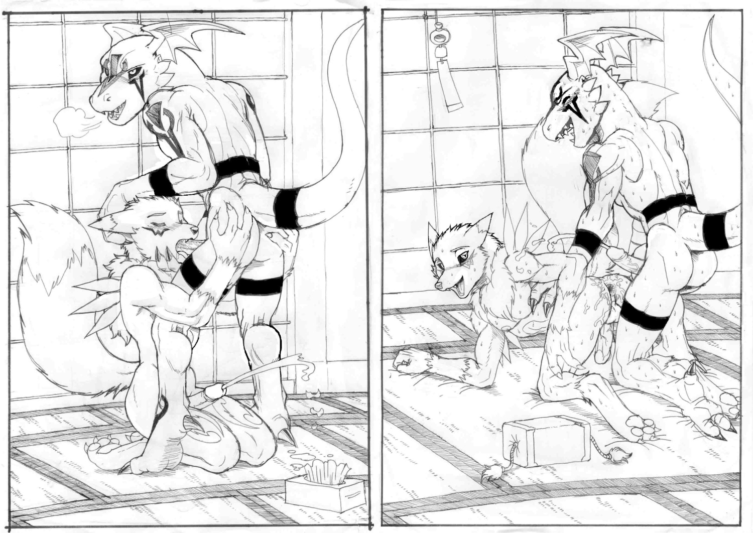 2010 absurd_res all_fours anthro anus bandai_namco black_sclera bodily_fluids breath canid canine compression_artifacts cum cum_while_penetrated cumshot digimon digimon_(species) doggystyle duo e621 ejaculation erection fan_character fellatio from_behind_position fur genital_fluids genitals gilbert_(tomierlanely) guilmon hands-free hi_res humanoid_genitalia humanoid_penis interspecies male male/male male_penetrated male_penetrating male_penetrating_male mammal mariano markings medium_story monochrome oral oral_orgasm oral_penetration orgasm penetration penile penis renamon runa_(tomierlanely) saliva scalie sex story story_in_description tail tissue tomierlanely tongue