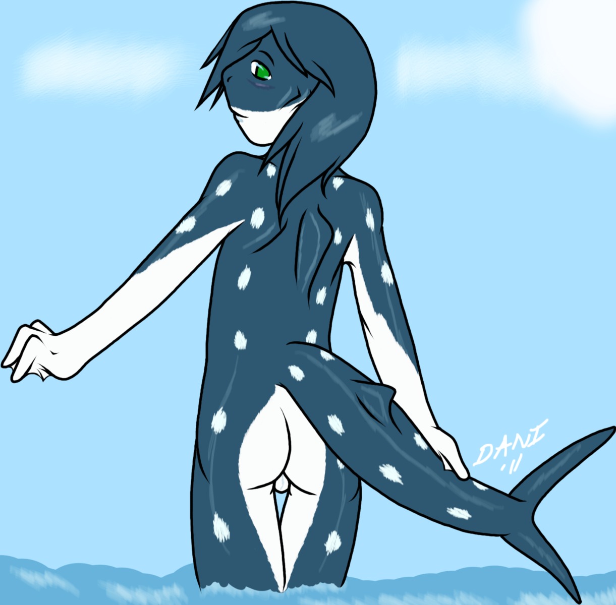 anthro aquatic backsack balls biped blue_hair butt carpet_shark cloud daniruu e621 femboy fish genitals gills green_eyes hair hi_res looking_back male nude shark sky solo spots sun tail water whale_shark