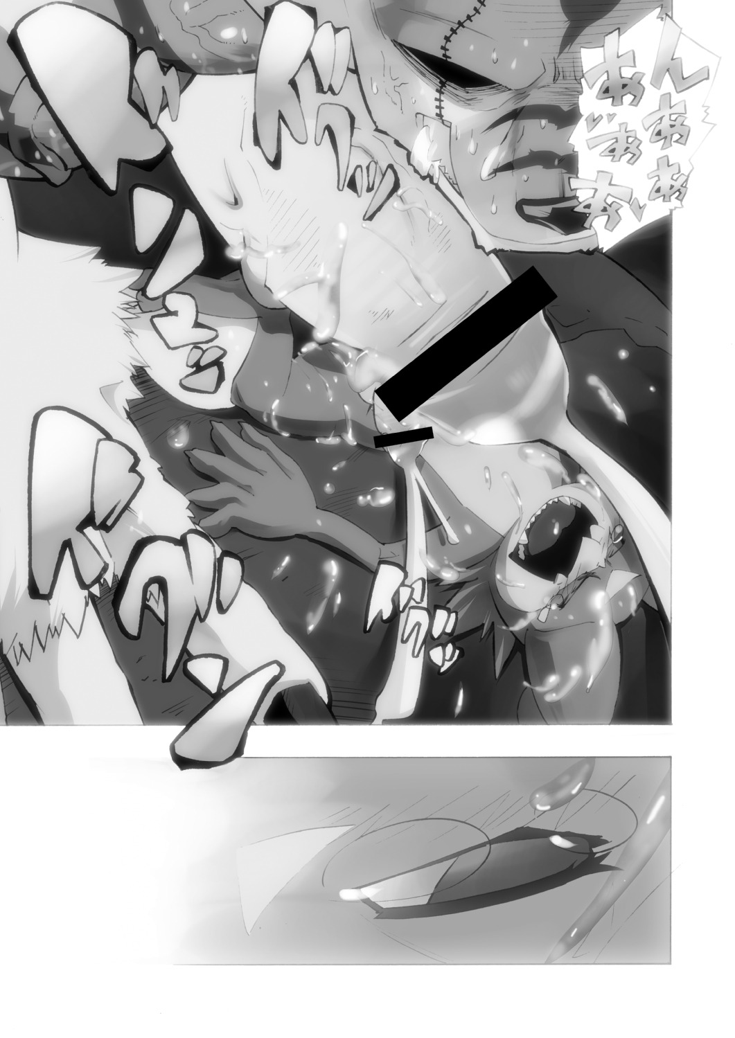 bandai_namco big_penis bodily_fluids censor_bar censored comic cum dialogue digimon digimon_(species) duo e621 erection garurumon genital_fluids genitals greyscale hatake hi_res huge_penis humanoid_genitalia humanoid_penis hyper hyper_genitalia hyper_penis ineffective_censorship japanese_text male male/male monochrome multiple_scenes penis text veemon