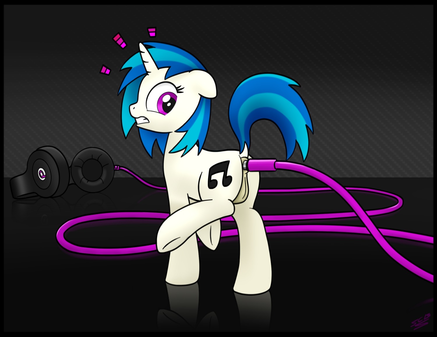 2014 anal anal_penetration anus black_border blue_hair border butt clenched_teeth dyani-yahto e621 electronics equid equine female friendship_is_magic genitals hair hasbro headphones hi_res horn improvised_sex_toy looking_back mammal my_little_pony mythological_creature mythological_equine mythology penetration phone_connector purple_eyes raised_leg solo standing teeth unicorn vinyl_scratch_(mlp) vulva