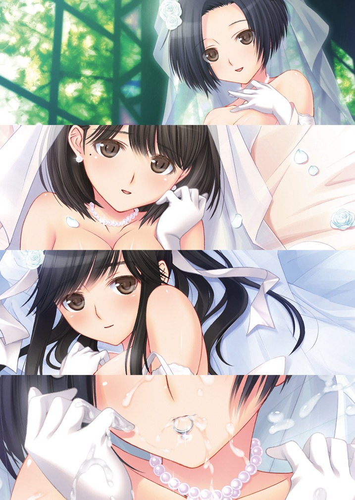 2d anegasaki_nene bare_shoulders black_hair blush breasts bridal_veil bride brown_eyes cleavage cum dress earrings elbow_gloves facial female female_only flower fusataka_shikibu gloves hair_flower hair_ornament human human_female human_only jewelry kobayakawa_rinko long_hair looking_at_viewer love_plus mole mouth_hold multiple_females multiple_girls necklace no_visible_genitalia pearl_necklace ring sample short_hair smile takane_manaka veil wedding wedding_dress wedding_ring