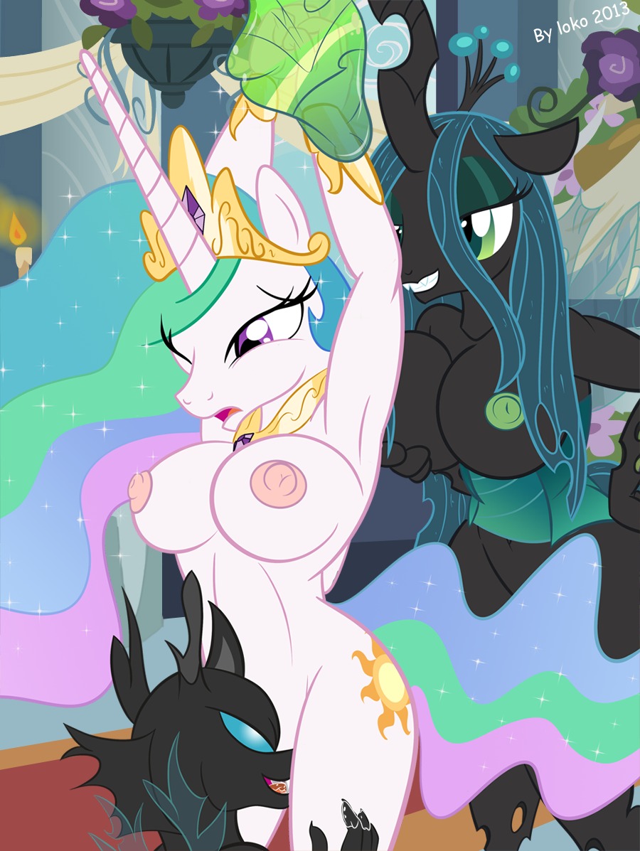 2013 ambiguous_gender anthro anthrofied areola arms_above_head arthropod big_breasts black_body bound breast_grab breasts changeling_(mlp) cunnilingus cutie_mark drone_(mlp) e621 el-loko equid equine erect_nipples female female/ambiguous female/female forced friendship_is_magic fur genitals glowing glowing_eyes green_eyes green_hair grin group hair half-closed_eyes hand_on_breast hasbro horn insect_wings interspecies mammal multicolored_hair my_little_pony mythological_creature mythological_equine mythology narrowed_eyes nipples nude oral princess princess_celestia_(mlp) purple_eyes queen_chrysalis_(mlp) rape restrained royalty sex signature smile tail unicorn vaginal vulva white_body white_fur wings