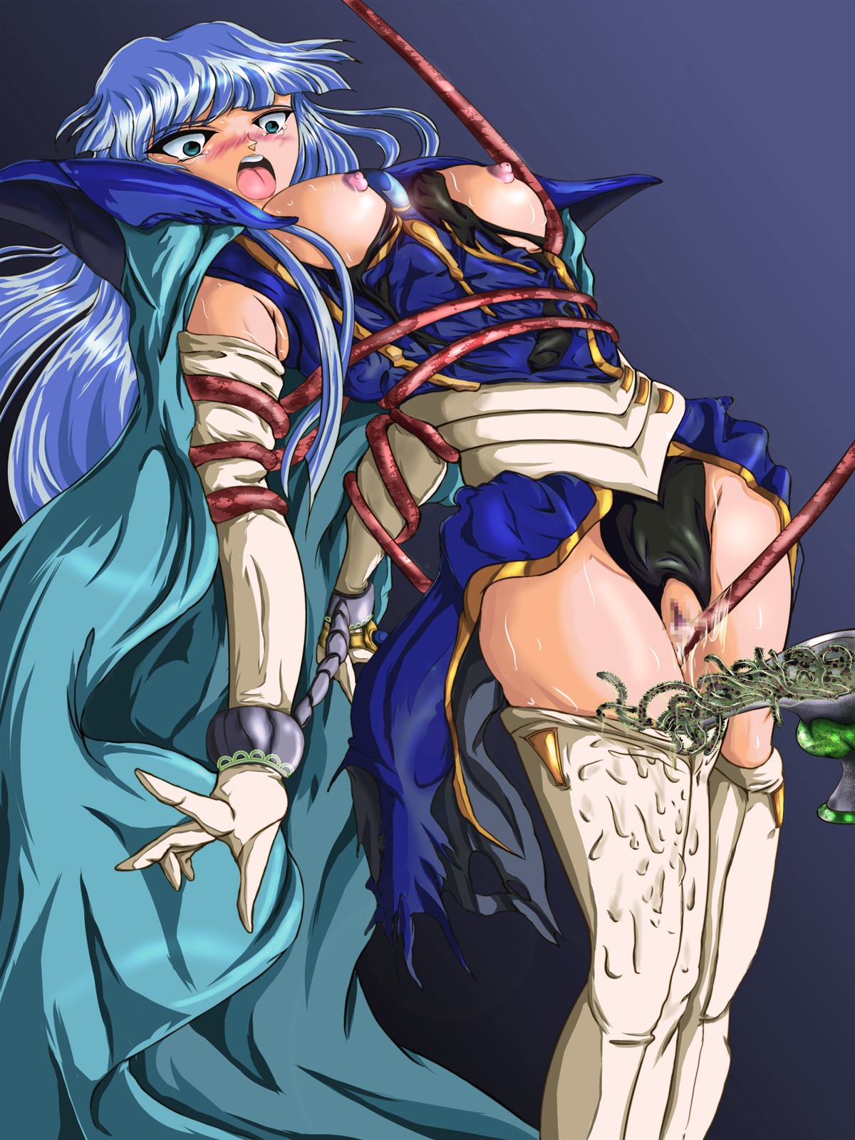 1girls 2010 balklash. blue_hair breasts censored clothing curvaceous female forced highres human large_breasts light-skinned_female light_skin long_hair magic_knight_rayearth monster nipples pale-skinned_female pale_skin panties restrained rule34 skirt solo stockings tentacle umi_ryuuzaki