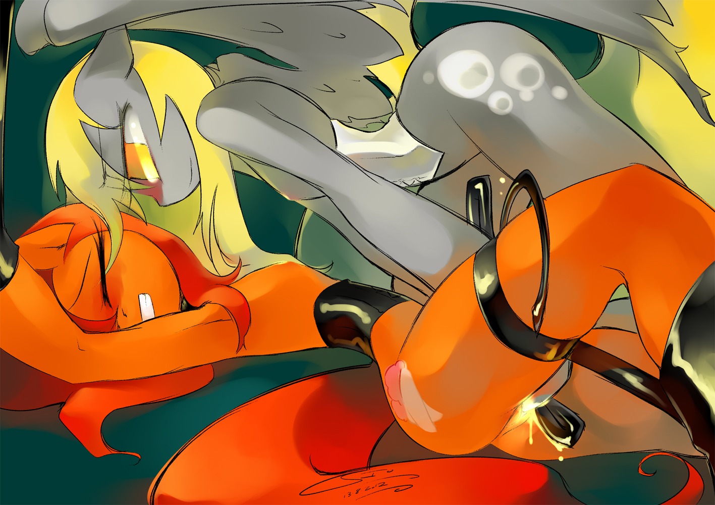 2012 amber_eyes anthro anthrofied bdsm blonde_hair bodily_fluids bondage bound breasts butt clothing corset cutie_mark derpy_hooves_(mlp) dominant dominant_female duo e621 equid equine feathered_wings feathers female female/female friendship_is_magic genital_fluids genitals grey_body grey_feathers hair hasbro iopichio lingerie long_hair mammal my_little_pony mythological_creature mythological_equine mythology nipples pegasus sex submissive submissive_female tail topwear vaginal_fluids vulva wing_boner wings