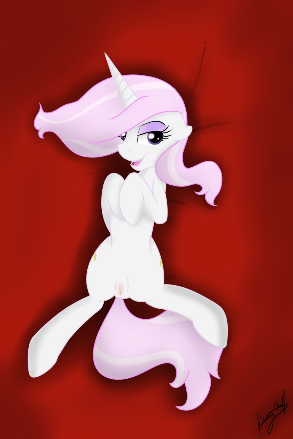 2:3 cutie_mark e621 equid equine female feral fleur-de-lis fleur_de_lis_(mlp) friendship_is_magic genitals hair hasbro hi_res horn inviting kyroking long_hair looking_at_viewer lying mammal multicolored_hair my_little_pony mythological_creature mythological_equine mythology on_back open_mouth pink_hair purple_eyes quadruped short_hair signature smile solo spread_legs spreading tail tongue unicorn vulva