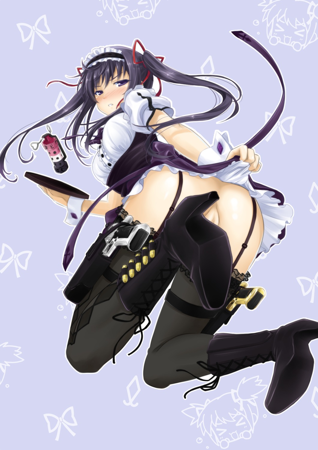 akemi_homura ass black_legwear blush boots bullet censored convenient_censoring cross-laced_footwear explosive female garter_straps grenade gun hair_ribbon heart highres holster lace-up_boots mahou_shoujo_madoka_magica maid maid_headdress no_panties okitakung partially_visible_vulva purple_eyes purple_hair pussy ribbon rule34 solo thigh_holster thighhighs thunderthighs tied_hair tray twintails weapon wrist_cuffs