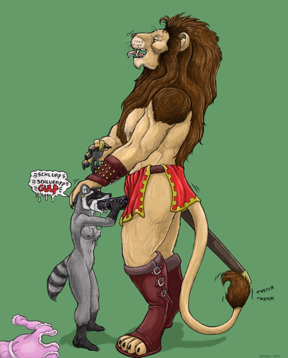 anthro black_penis bodily_fluids boots bottomwear clothing coin cum cum_in_mouth cum_inside dominant drooling duo e621 erection eyes_closed felid fellatio female female_penetrated footwear genital_fluids genitals larger_dom larger_male lion loincloth male male/female male_penetrating male_penetrating_female mammal open_mouth oral oral_penetration pantherine penetration penile penile_spines penis procyonid prostitution raccoon saliva service_height sex shoes size_difference smaller_female smaller_penetrated standing strega swallowing tail tongue tongue_out weapon