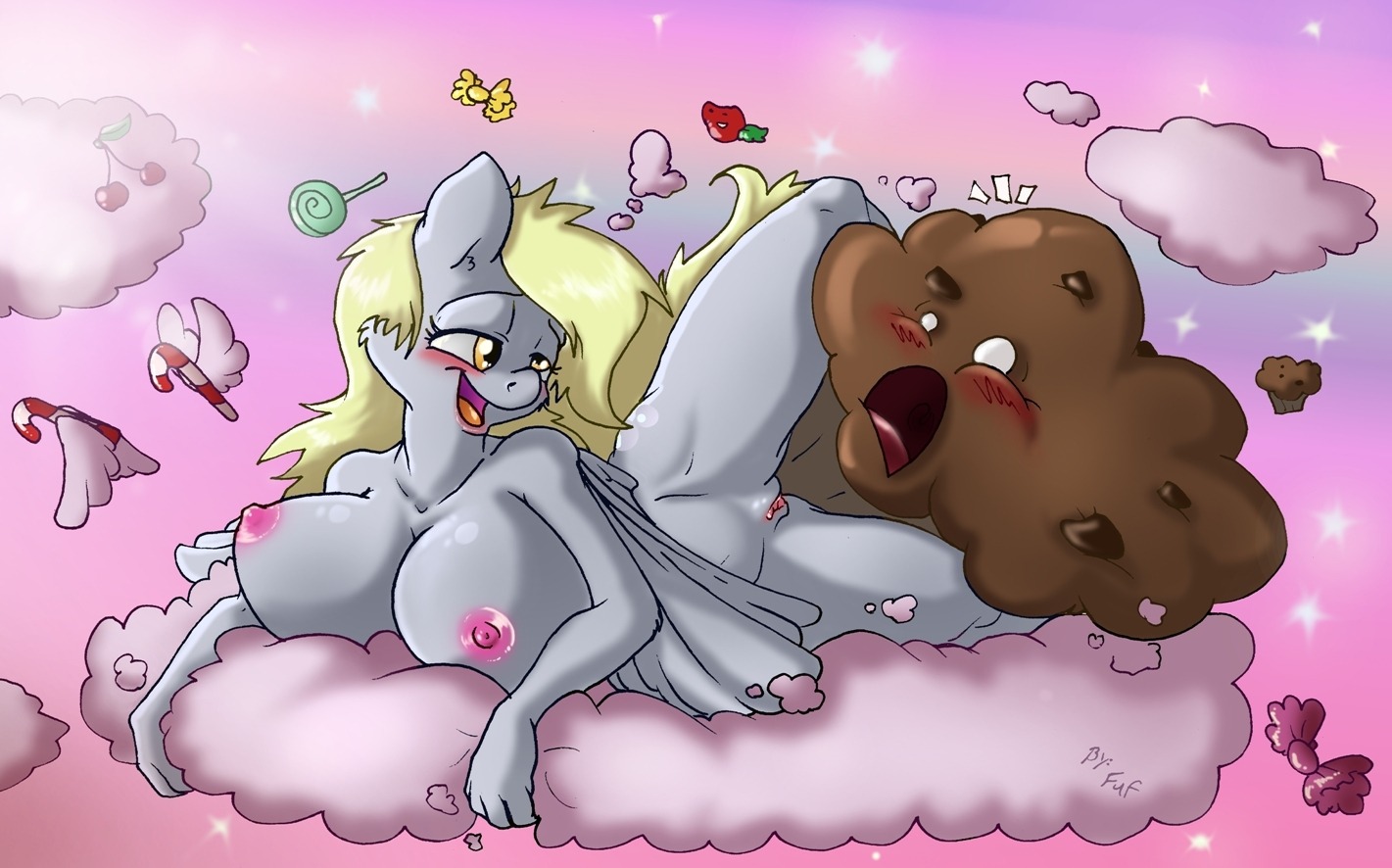 2014 anthro anthrofied areola big_breasts blonde_hair blush breasts derpy_hooves_(mlp) duo e621 equid equine erect_nipples feathered_wings feathers female food food_creature friendship_is_magic fuf genitals grey_body grey_feathers hair hasbro interspecies long_hair mammal muffin my_little_pony mythological_creature mythological_equine mythology nipples nude pegasus smile vulva wings